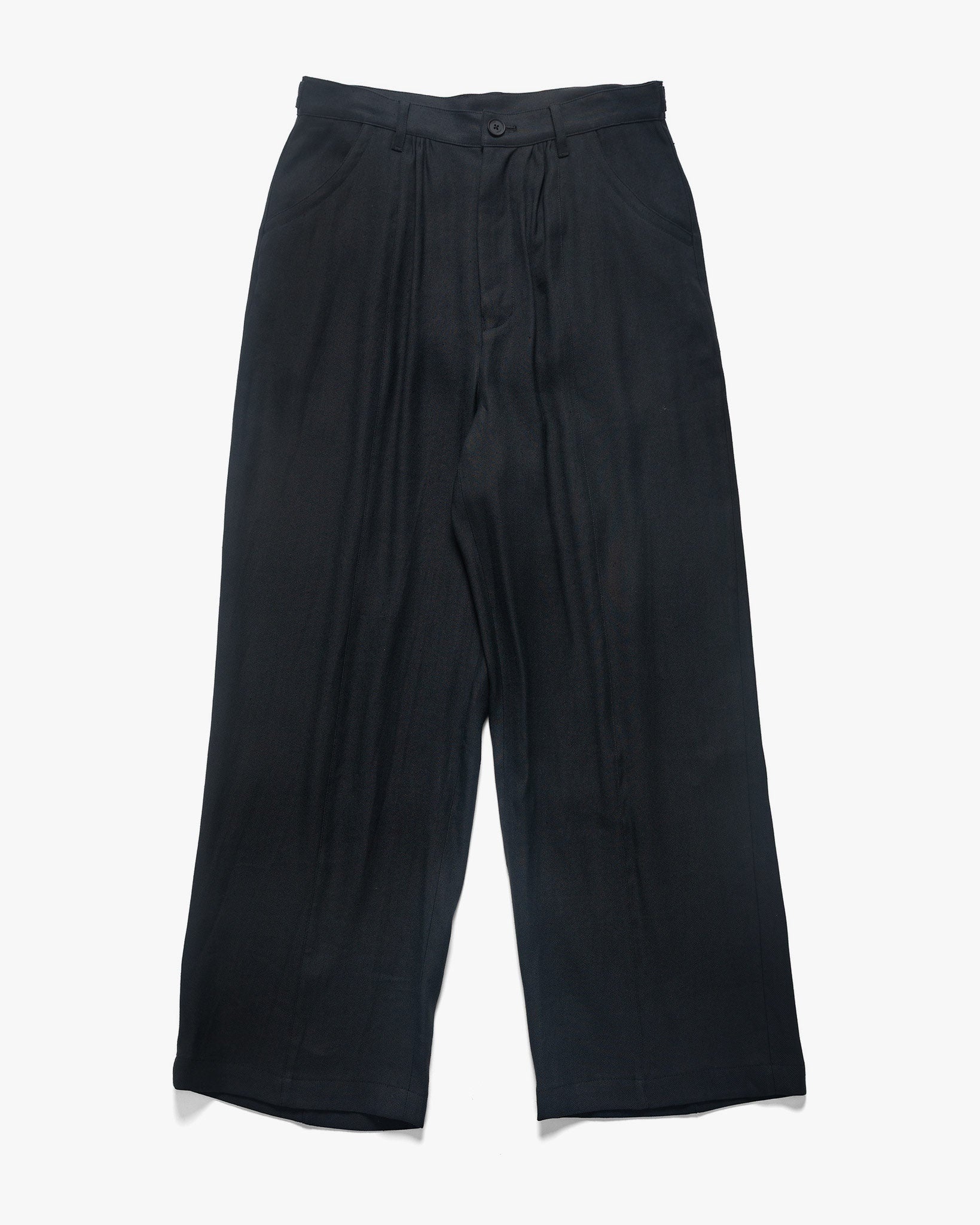 Linen Acetate Front Gather Wide Trousers Black - 1