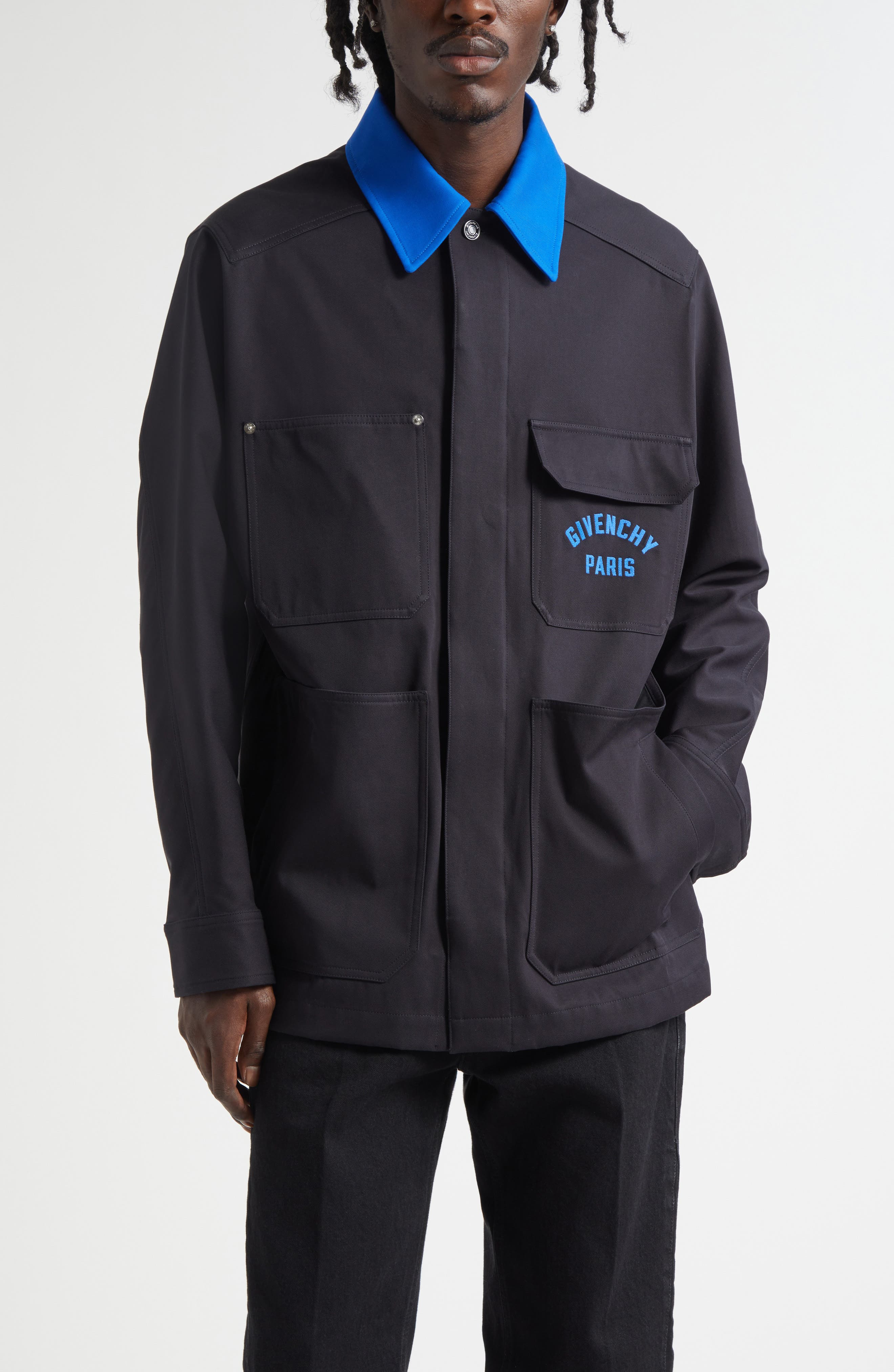 Givenchy Paris Embroidered Cotton Button-Up Overshirt in Dark Blue at Nordstrom - 1