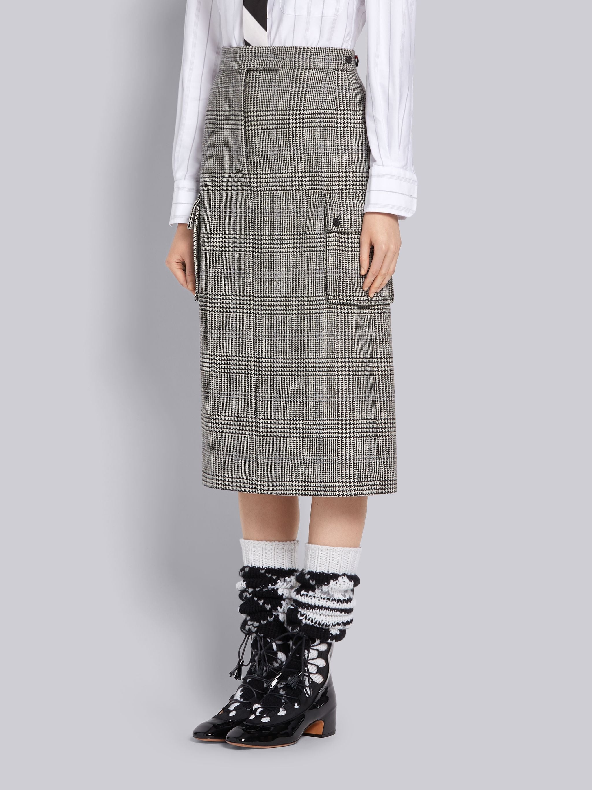 Black and White Prince of Wales Hunting Wool Tweed Harrington Skirt - 8