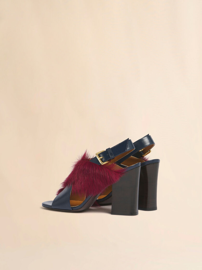 Marni BLUE AND BURGUNDY LEATHER AND LONG-HAIR HEELED CRISS-CROSS SANDAL outlook