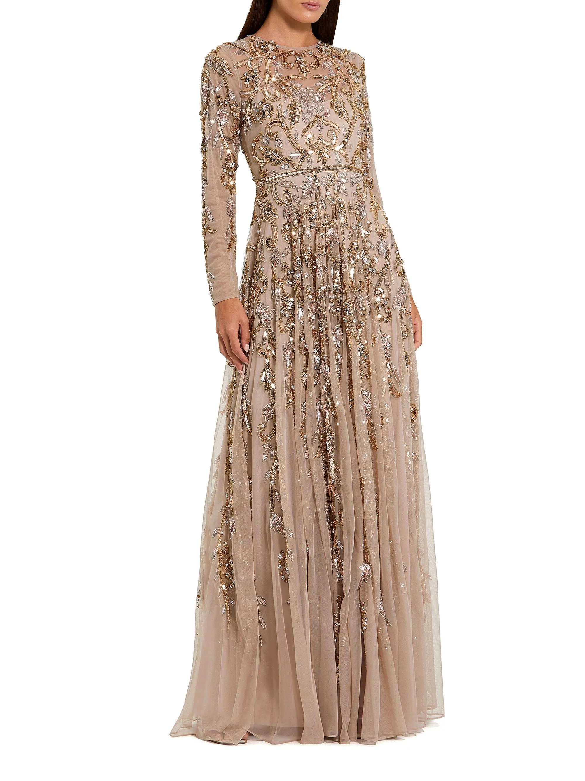 Women's Sequin & Bead-Embellished Chiffon Gown - Mocha Gold - 1