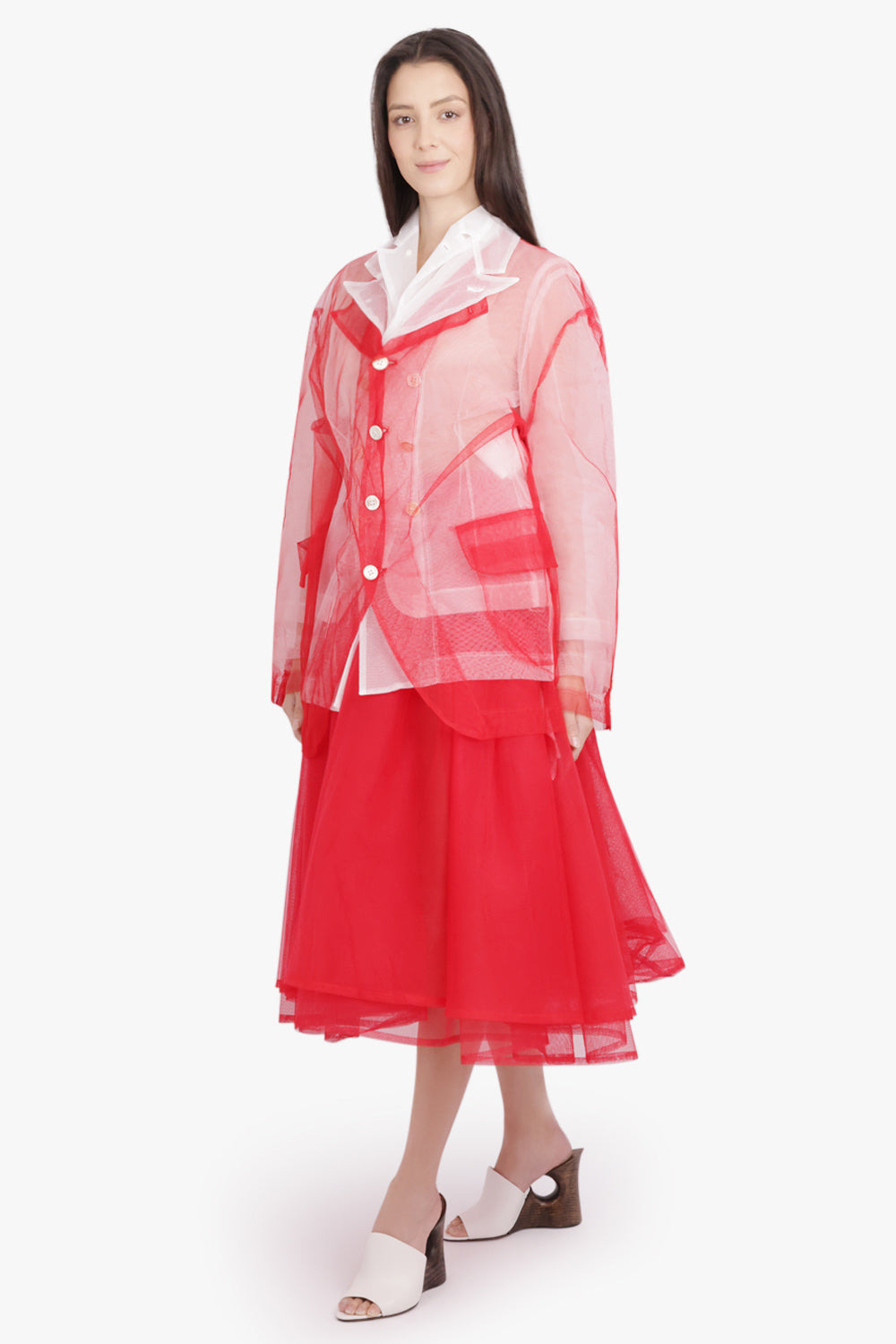 LAYERED SINGLE BREASTED TULLE X ORGANZA JACKET | RED/WHITE - 6
