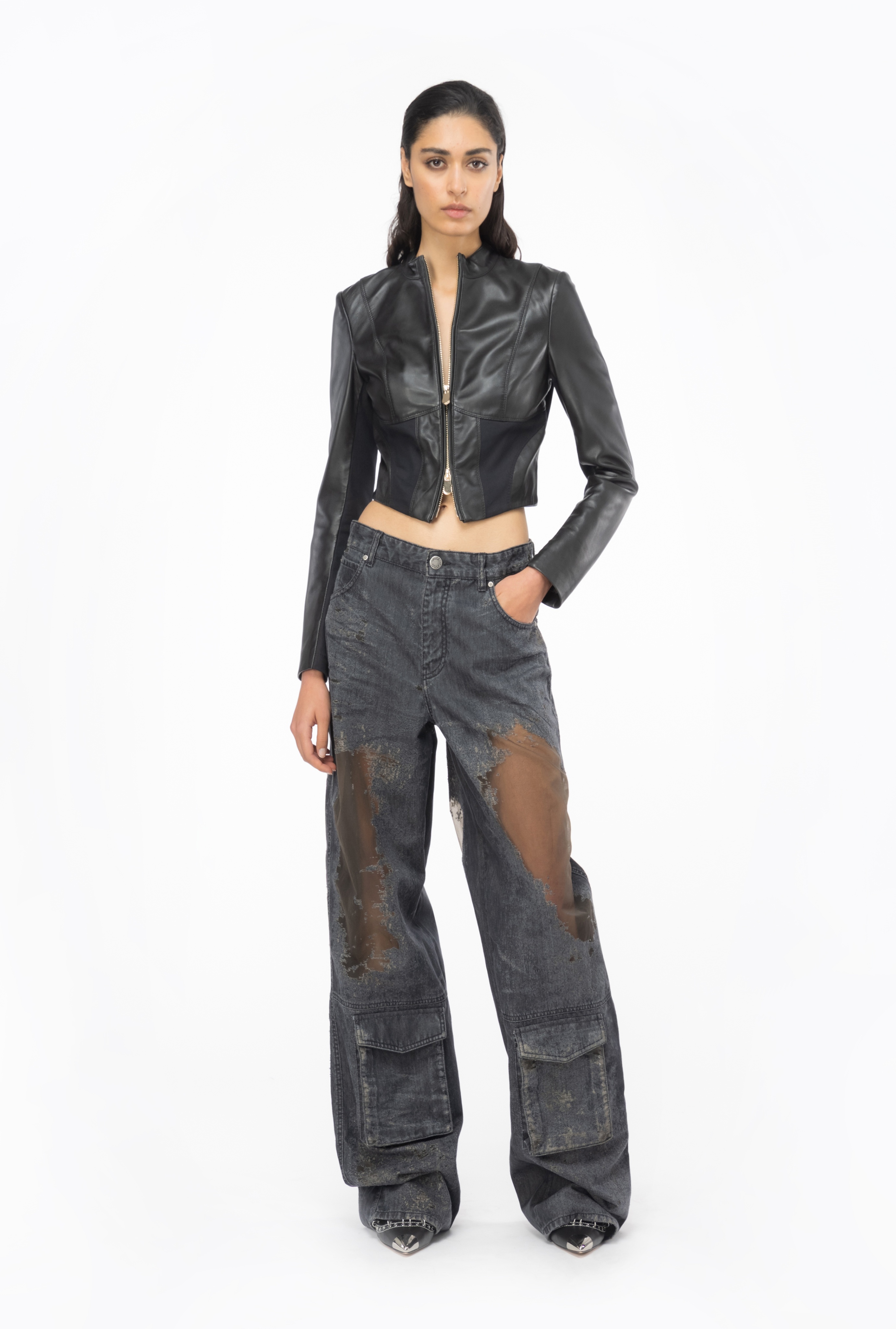 SHORT LEATHER AND FABRIC BIKER JACKET - 3