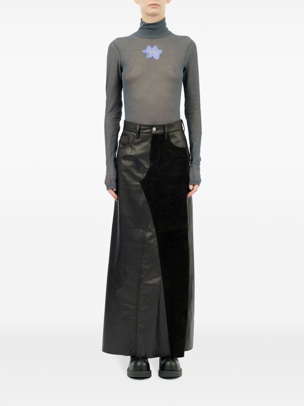 5-pockets panelled leather long skirt - 2