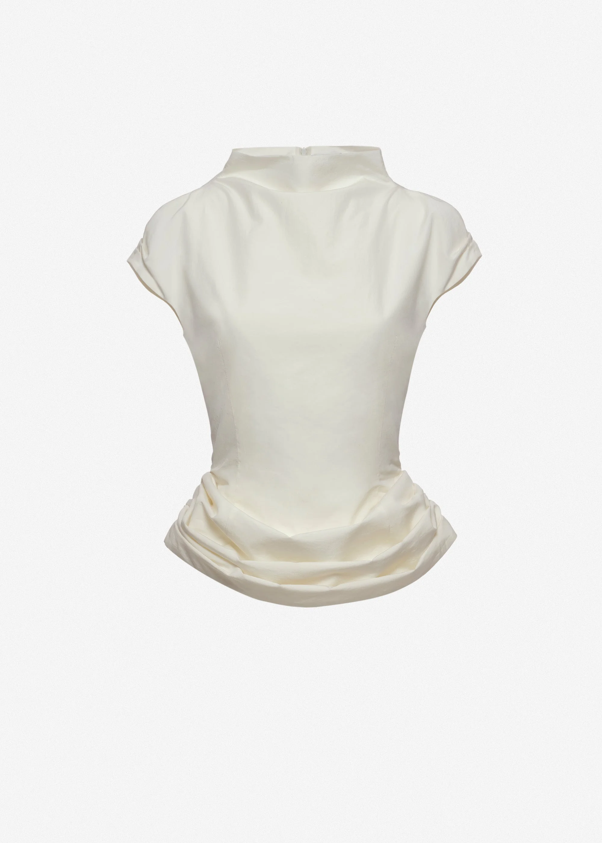 Fitted draped blouse with stand collar in cream - 1