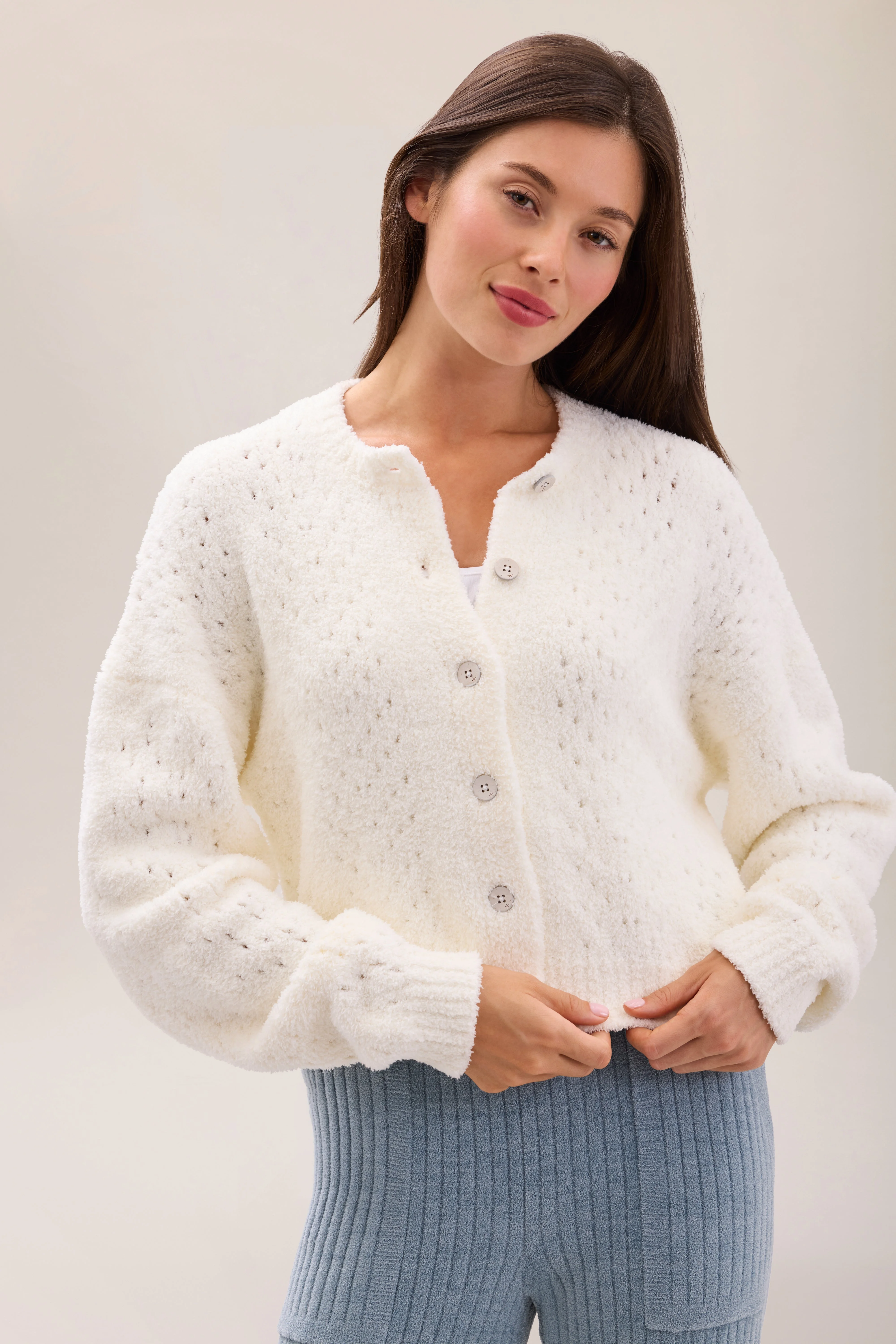 CozyChic® Pointelle Cropped Cardigan - 1