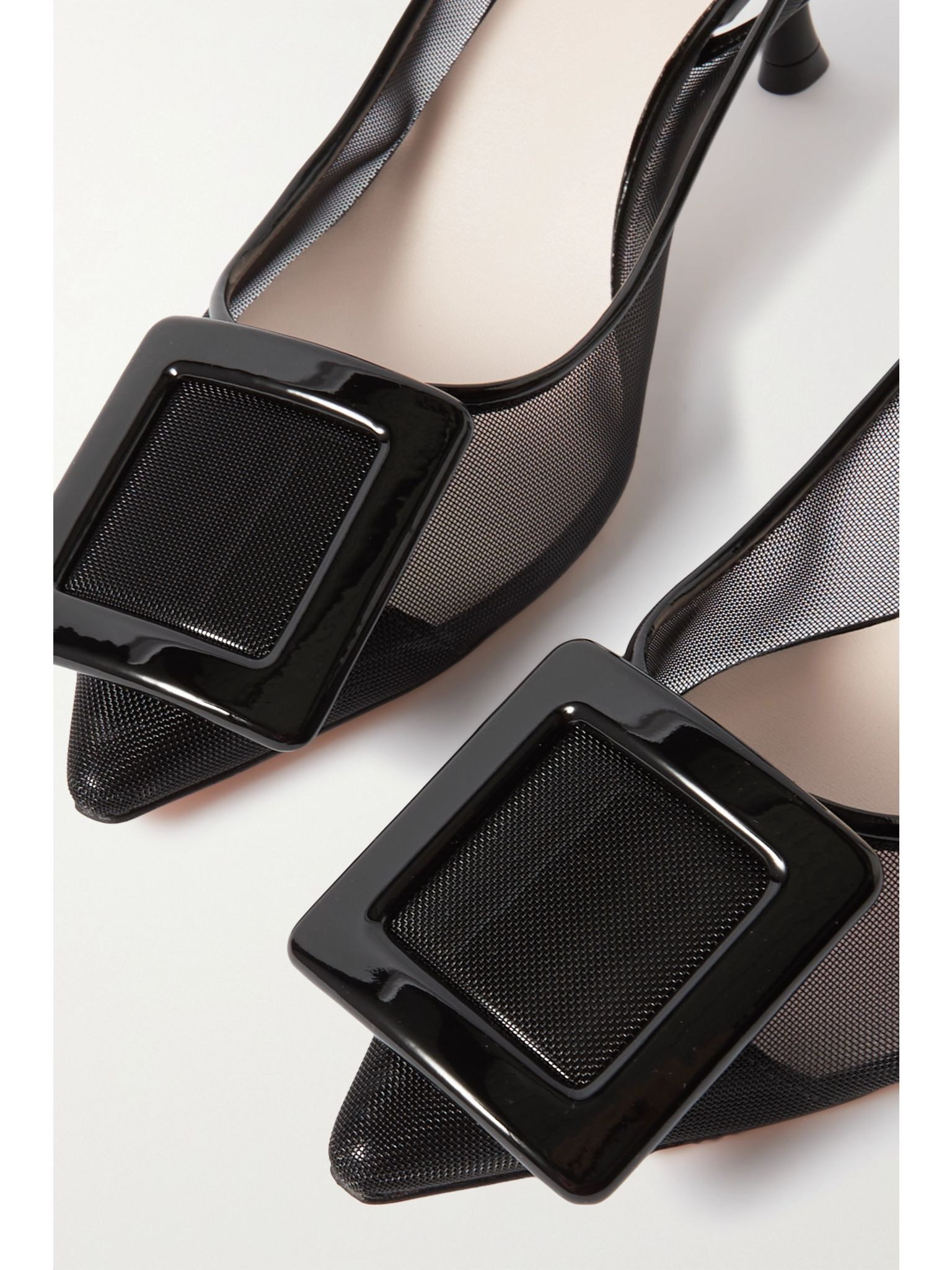Viv' In The City patent leather-trimmed mesh slingback pumps Black - 4