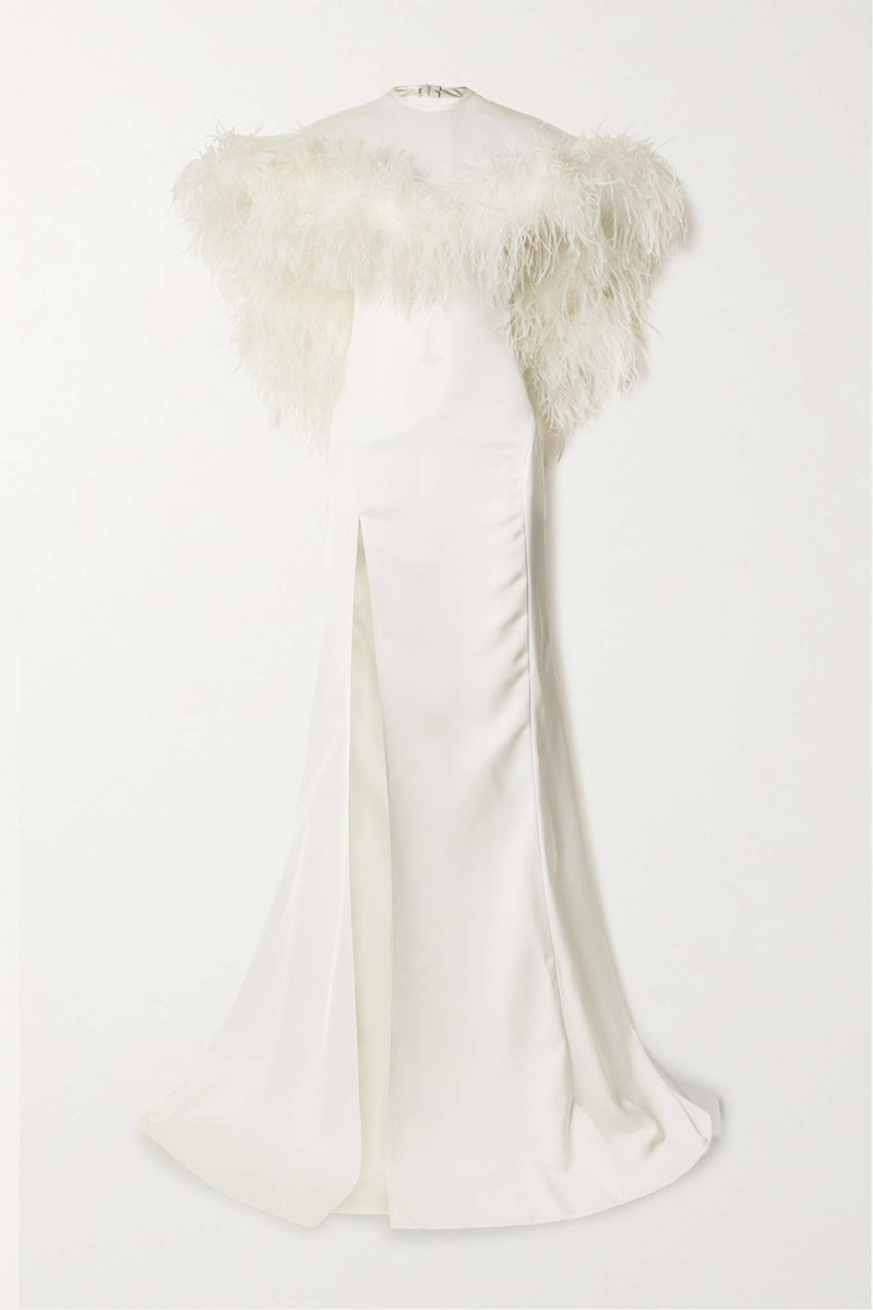 Airi cape-effect feather-trimmed cutout satin gown - 1