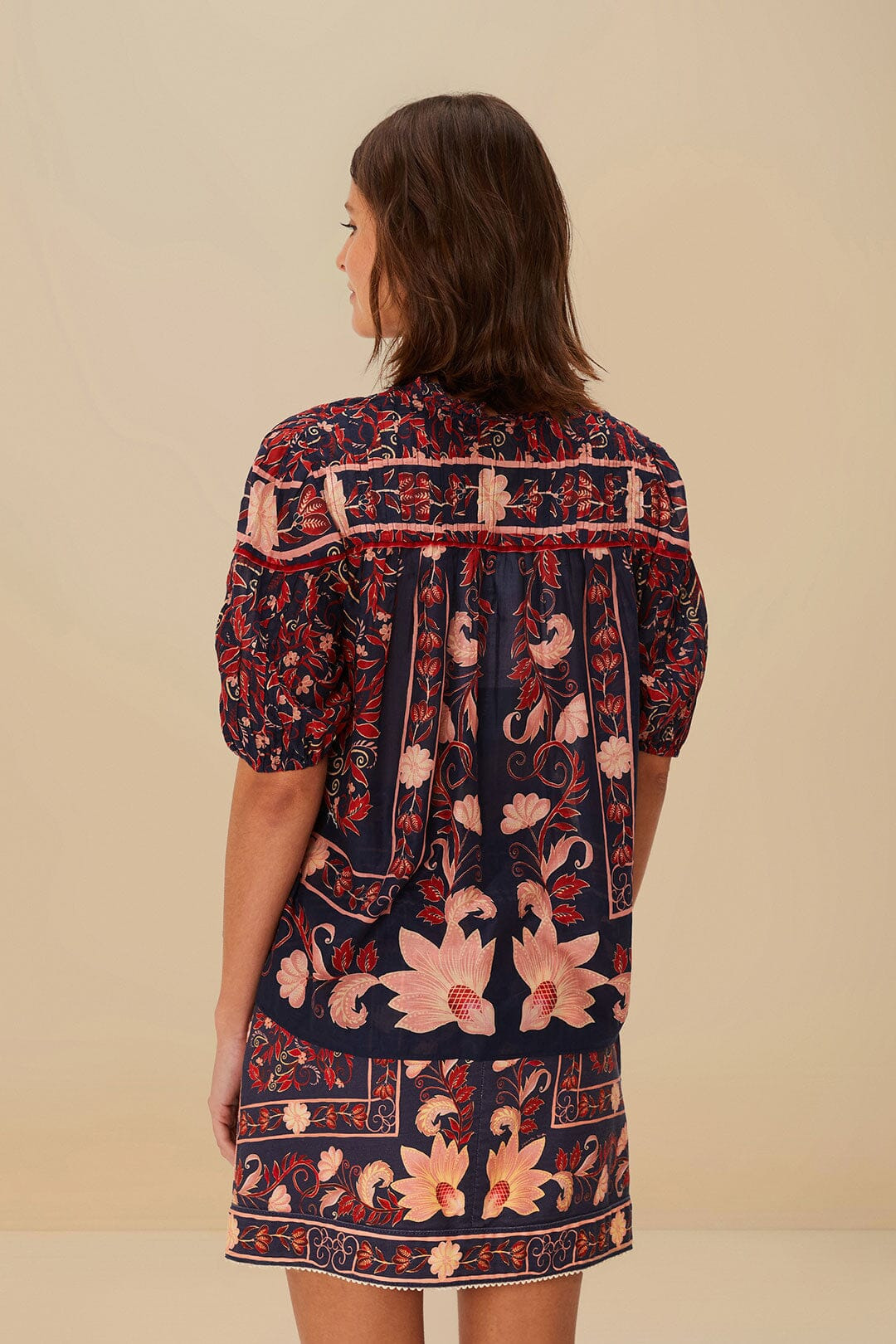 Boho Floral Scarf Navy Blue Blouse - 4