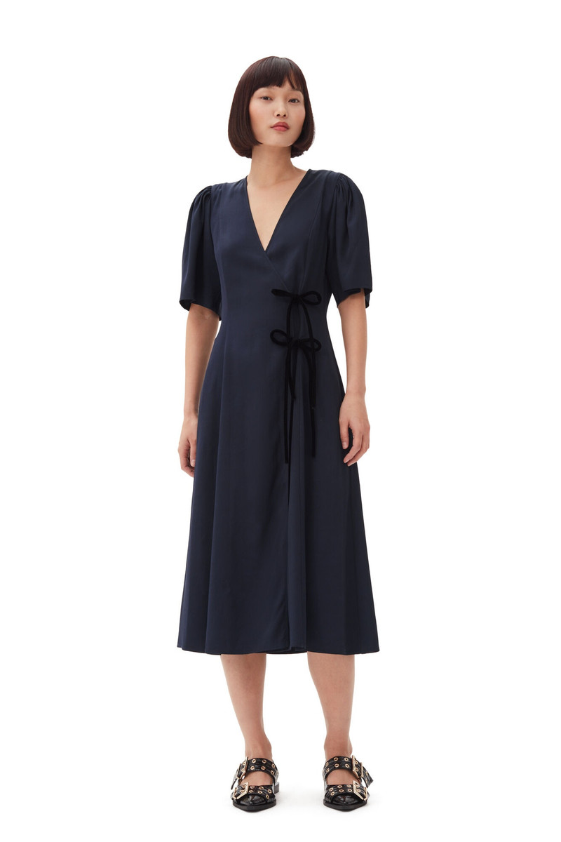 GANNI NAVY BLUE VISCOSE TWILL WRAP MIDI DRESS - F9577 | REVERSIBLE