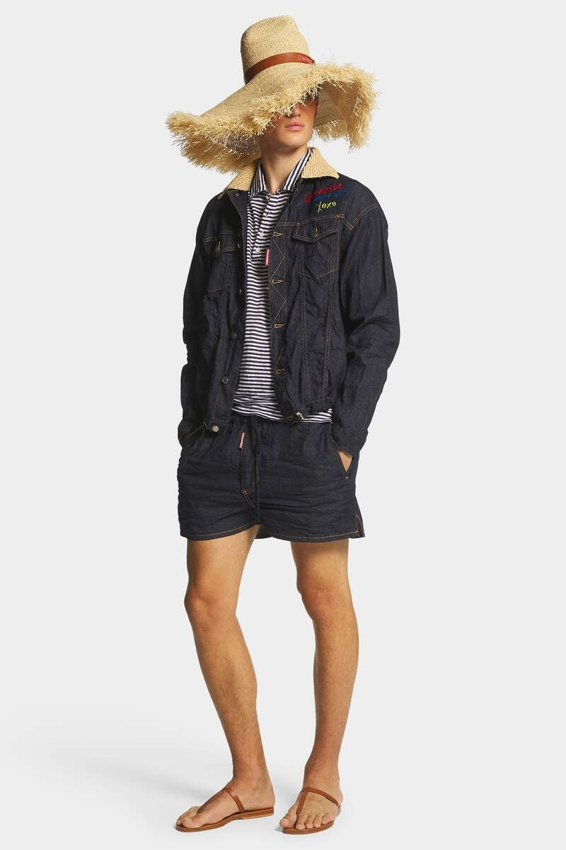 SUMMER LOVERS DARK WASH RAFFIA COLLAR DRAWSTRING SHIRT 6