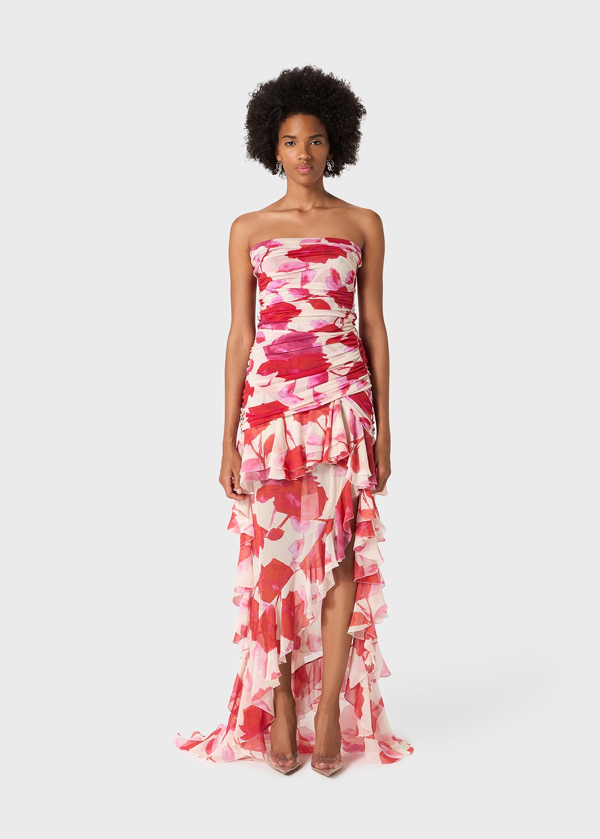 PRINTED JERSEY BUSTIER DRESS WITH CHIFFON FLOUNCES - 3