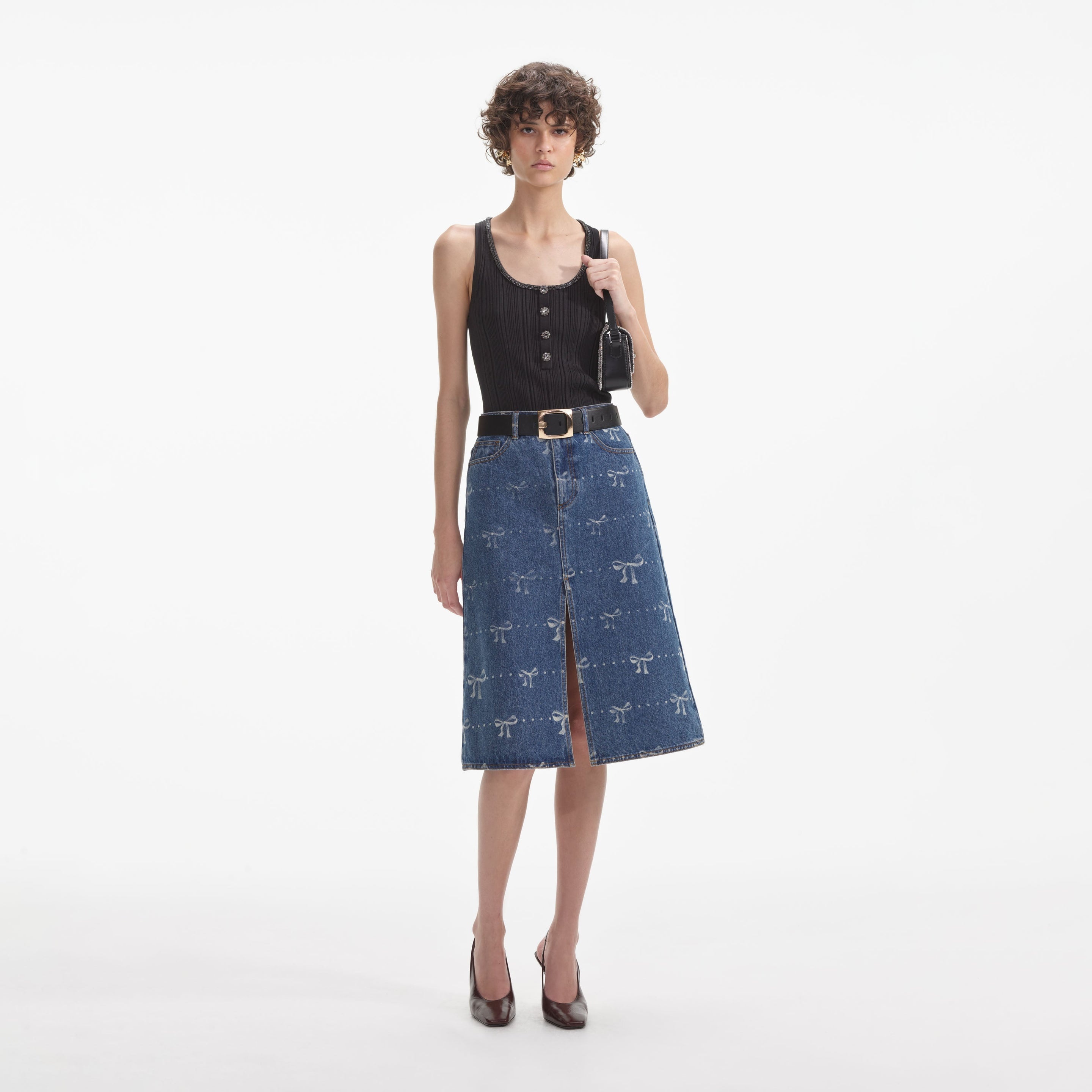 Bow Print Denim Midi Skirt - 1