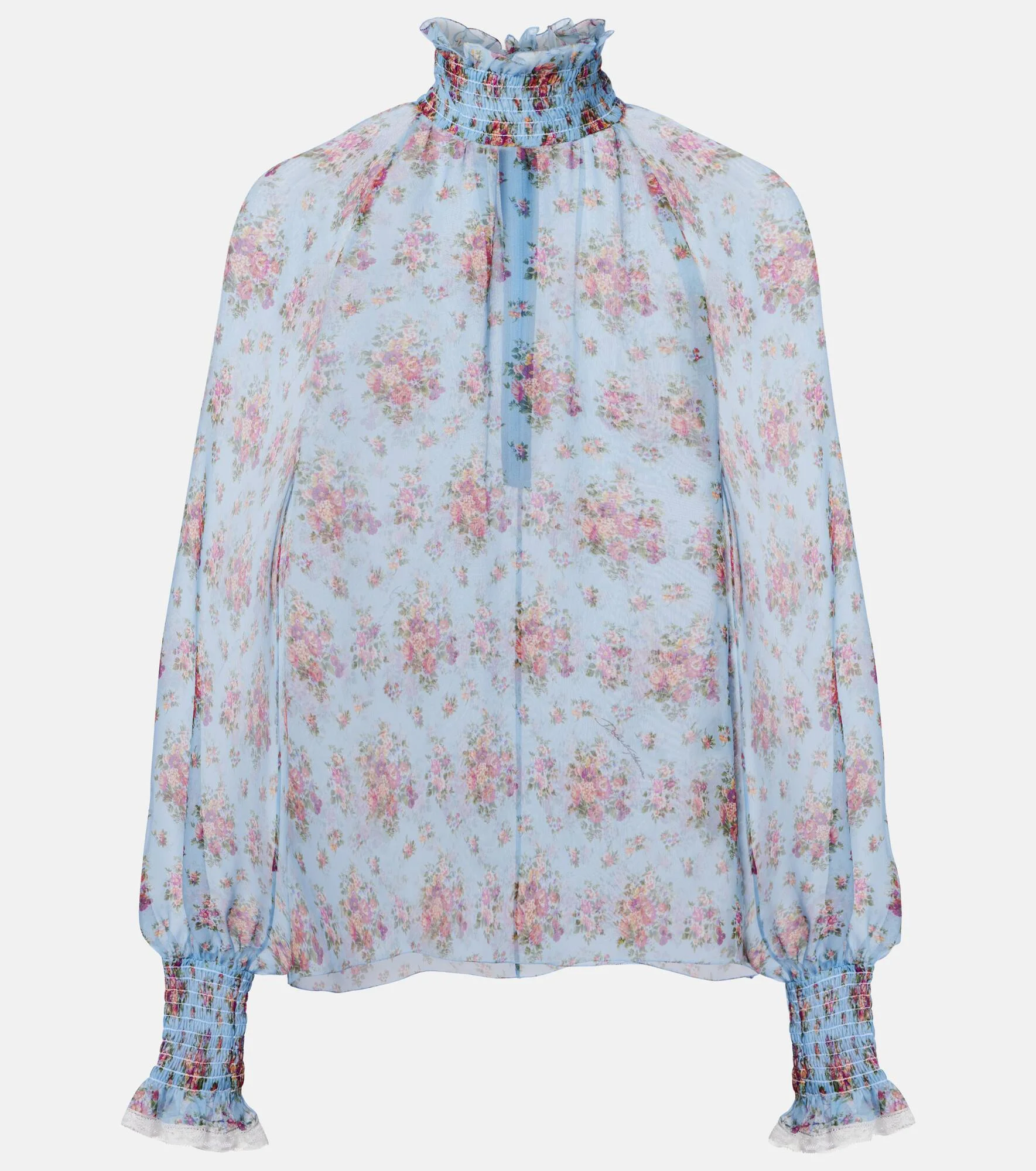 Floral ruffled silk and cotton blouse - 1