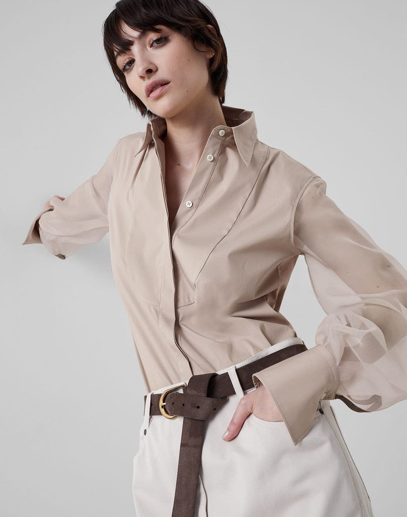 Stretch cotton poplin shirt with bib, crispy silk sleeves and shiny cuffs 4