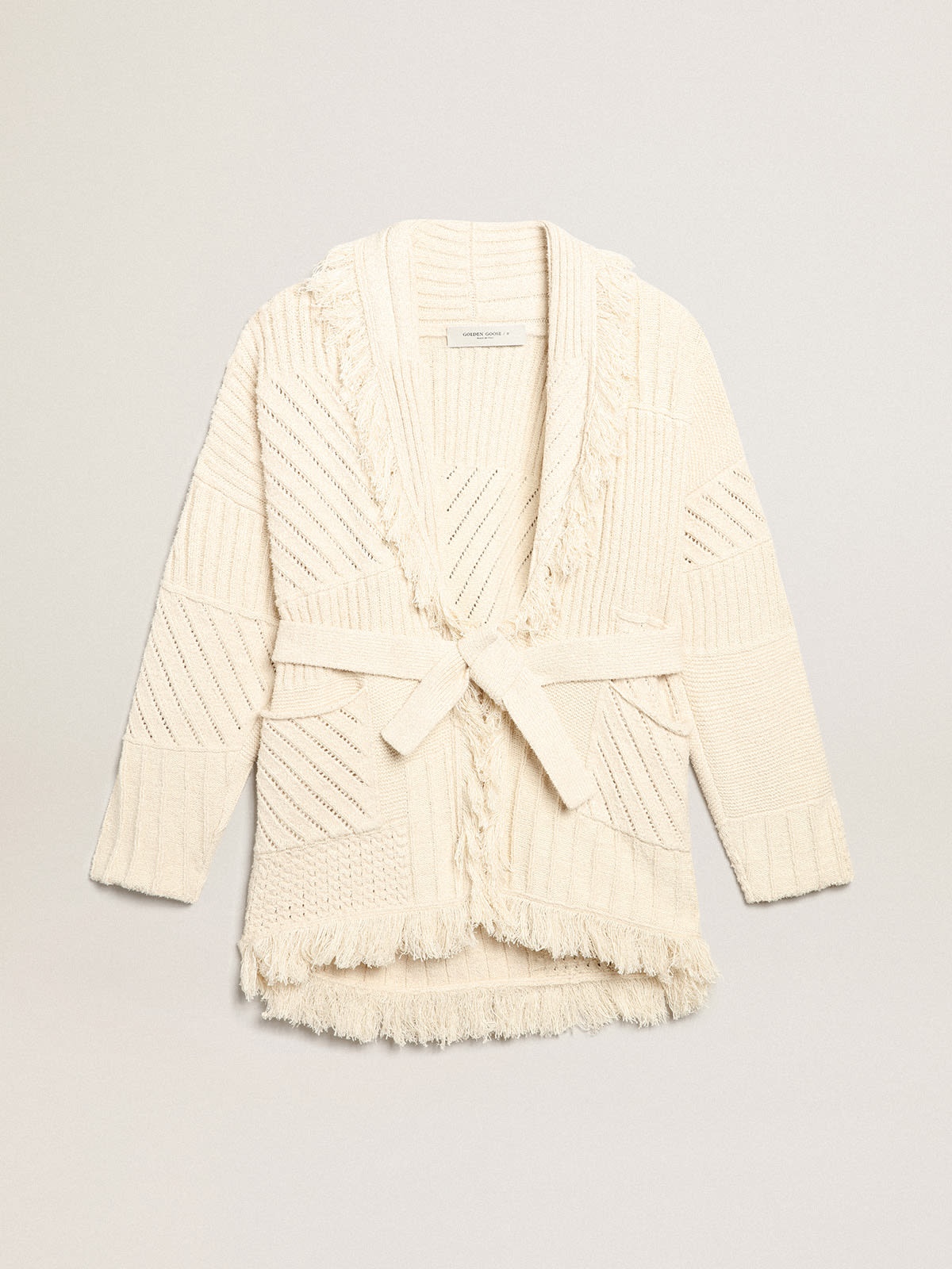 Belted cardigan in papyrus-colored cotton - 1