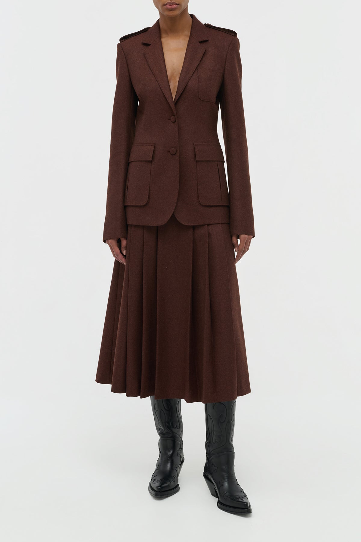 Wesley Pleated Midi Skirt in Burnt Sienna Wool Cashmere Flannel - 2