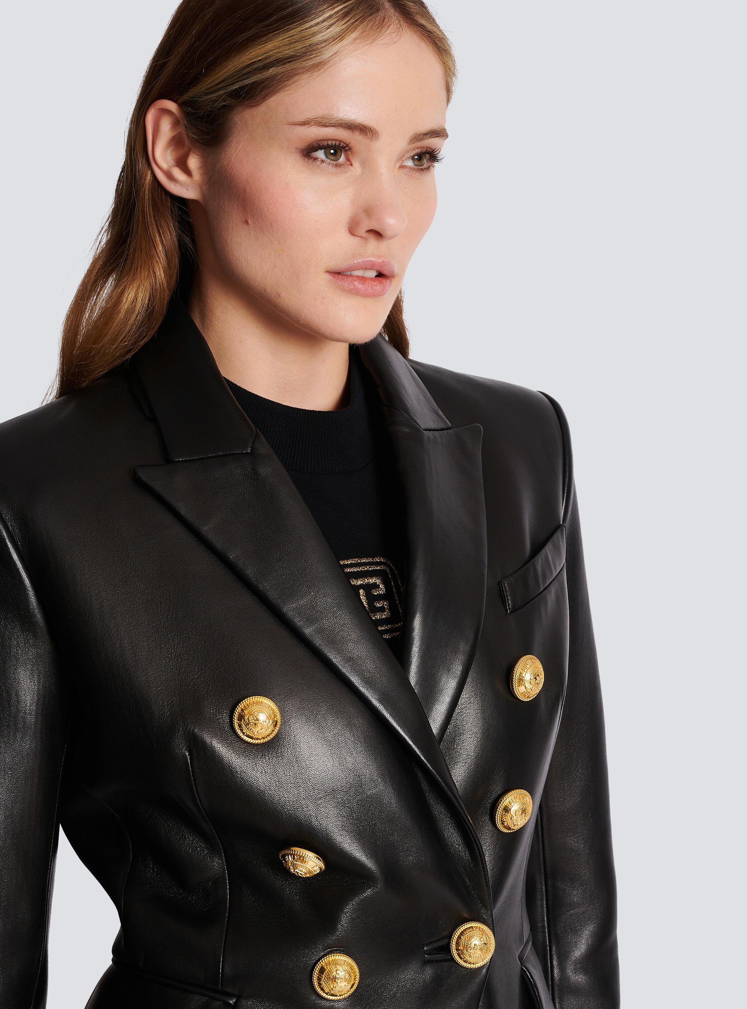 BALMAIN レザーシャツ　ブラック　レディース　11号（Lサイズ相当） Balmain Classic 6-button leather jacket | REVERSIBLE