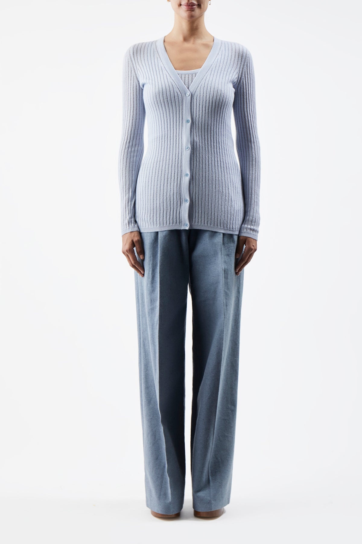 Homer Pointelle V-Neck Cardigan in Halogen Blue Silk Cashmere - 2
