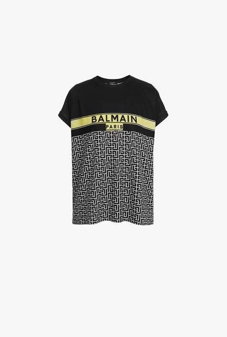 Bicolor cotton jacquard T-shirt with lime green Balmain logo print - 1