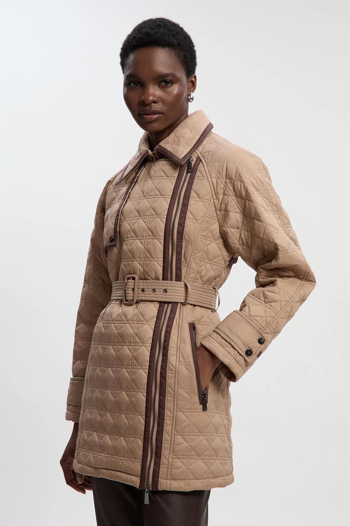Diamond Quilted Belted Short Puffer Trench Jacket - 1