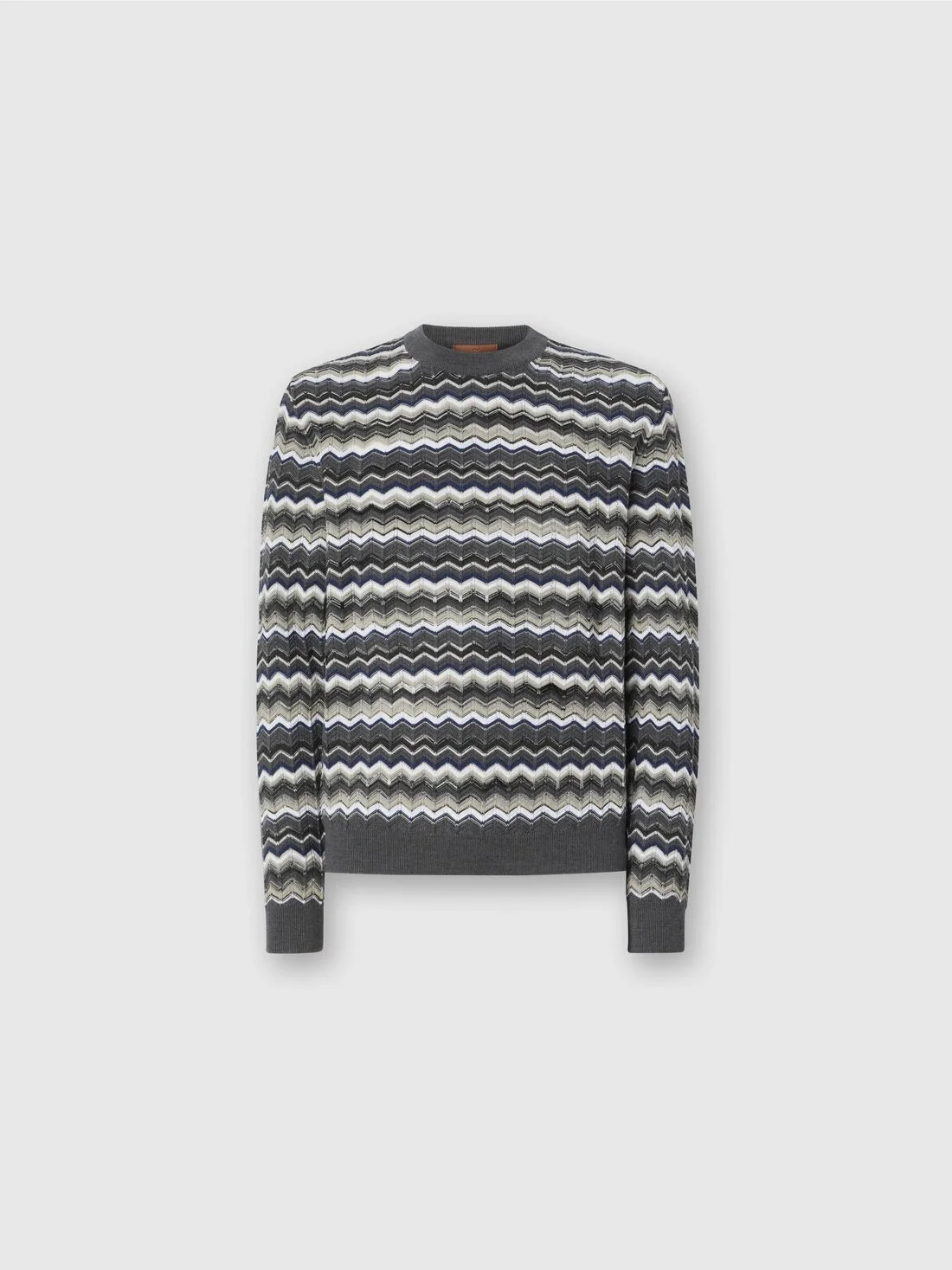 Crew Neck Sweater with Zigzag Pattern - 1