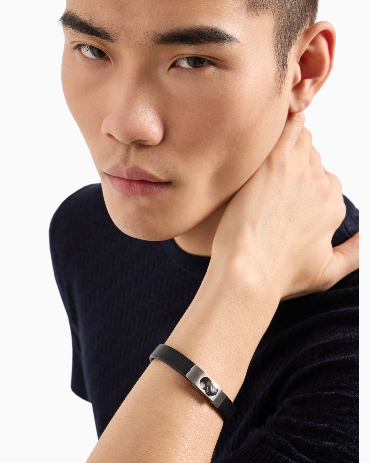 STAINLESS STEEL AND BLACK LEATHER STRAP BRACELET - 4