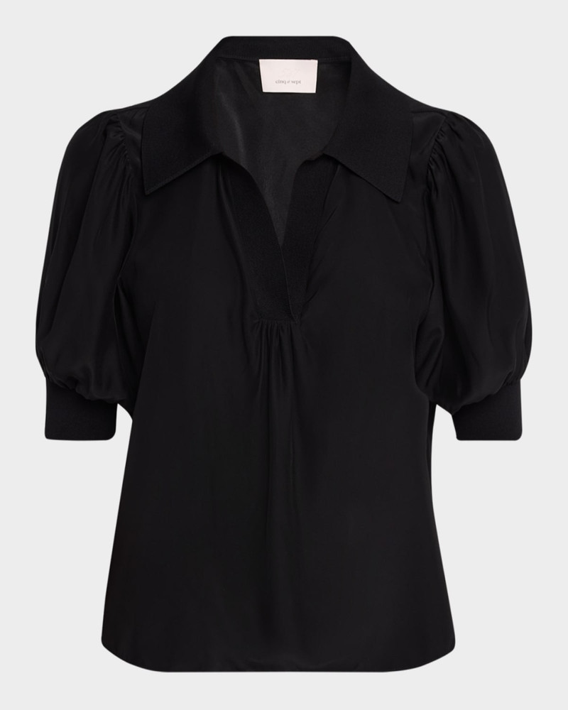 Cinq à Sept Weldon Collared V-Neck Short-Sleeve Silk Combo Top outlook