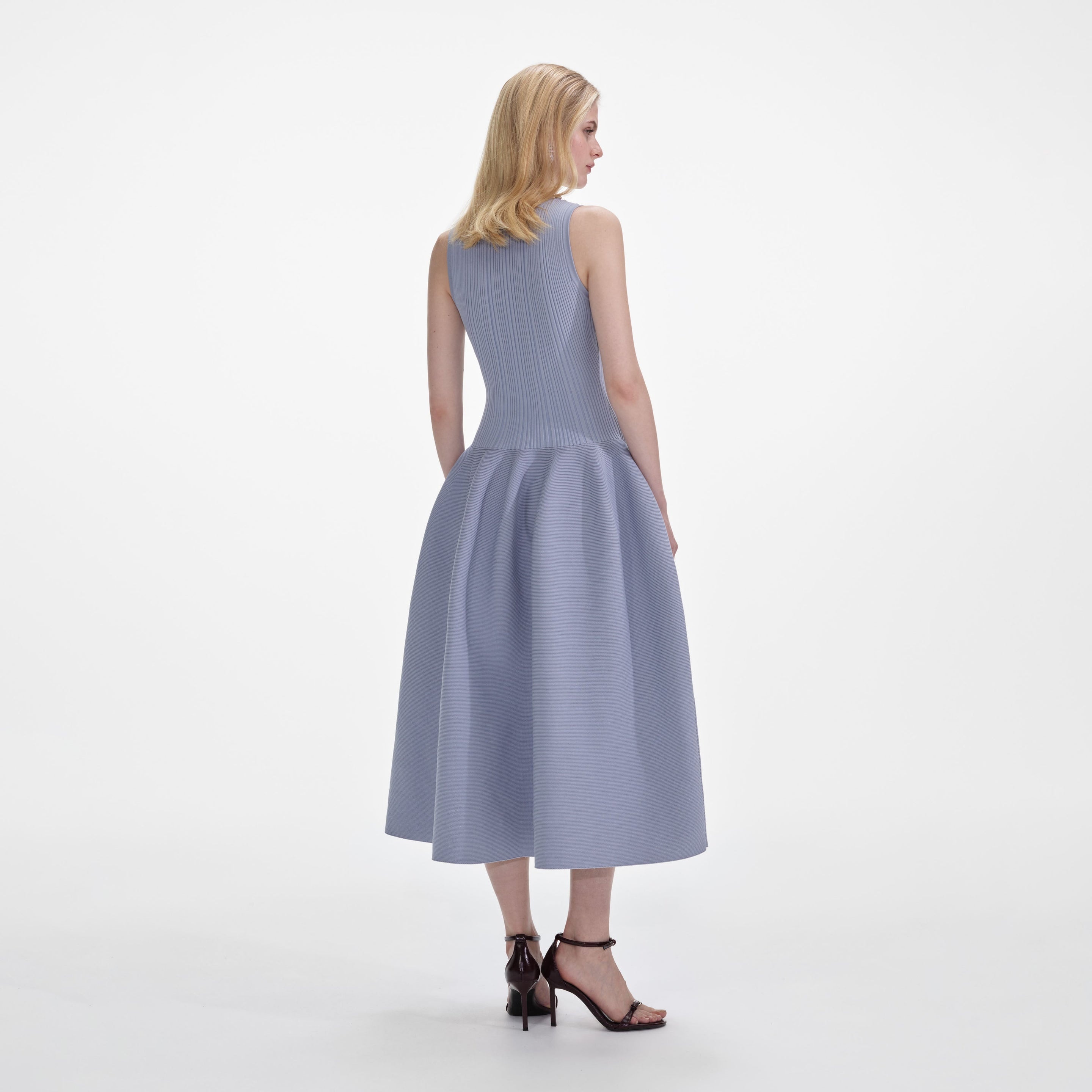 Blue Ribbed Knit Diamante Midi Dress - 3