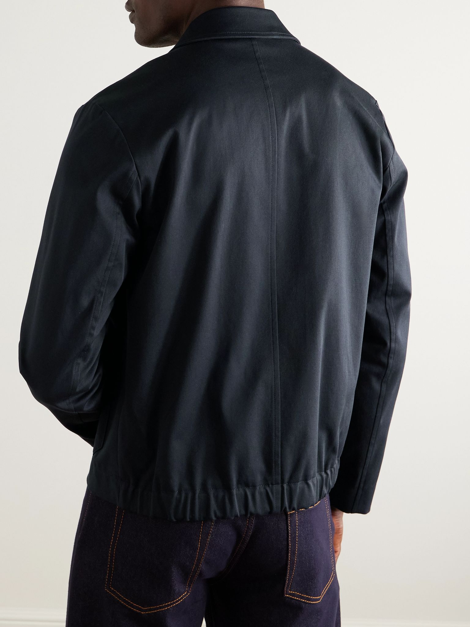 Leather-Trimmed Cotton-Blend Twill Harrington Jacket Navy - 3