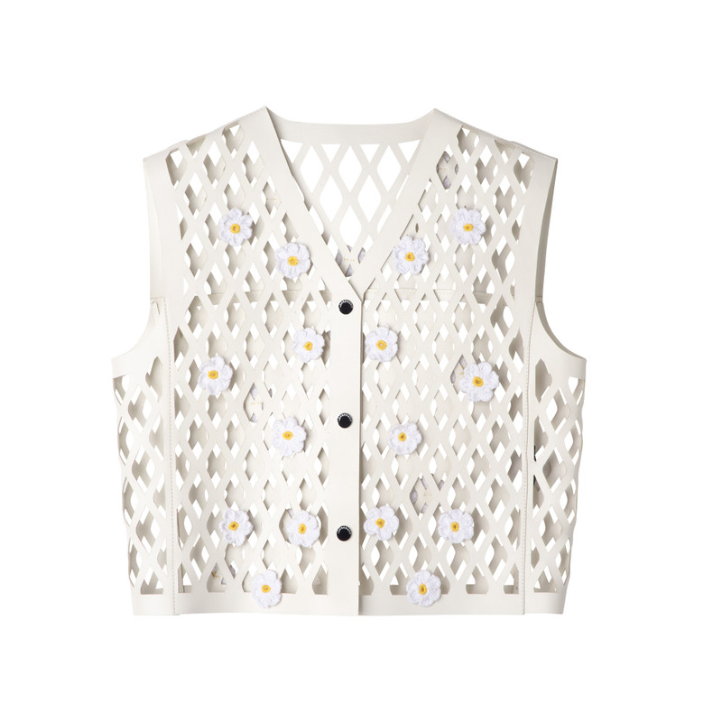 Sleeveless cardigan Ecru - Leather 1