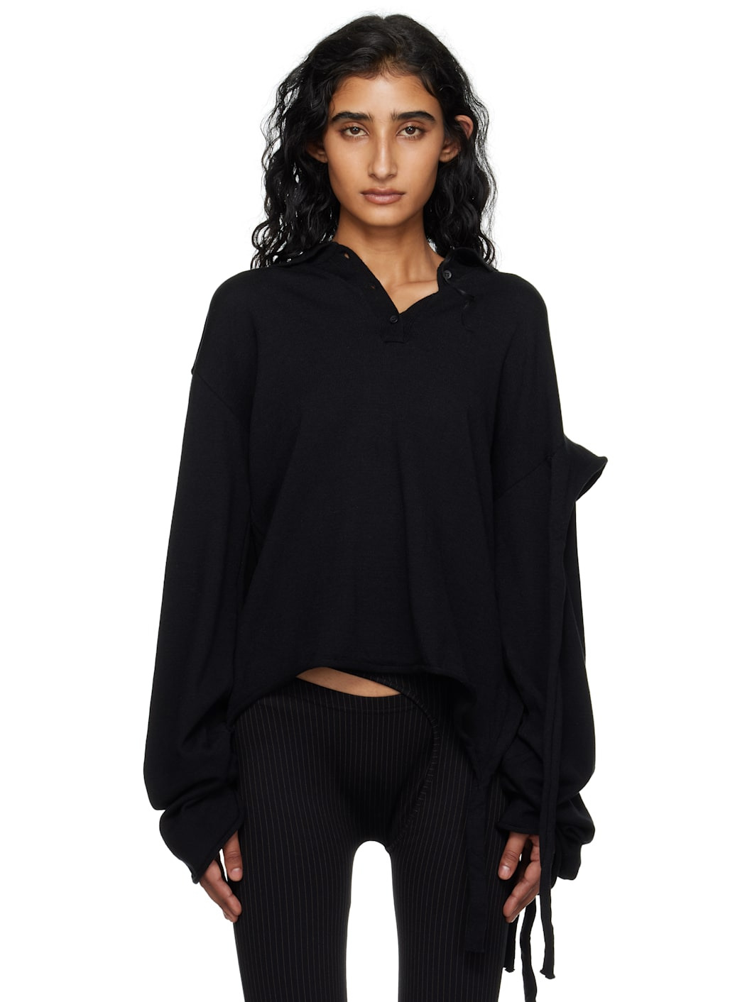 Black Deconstructed Knit Longsleeve Polo - 1