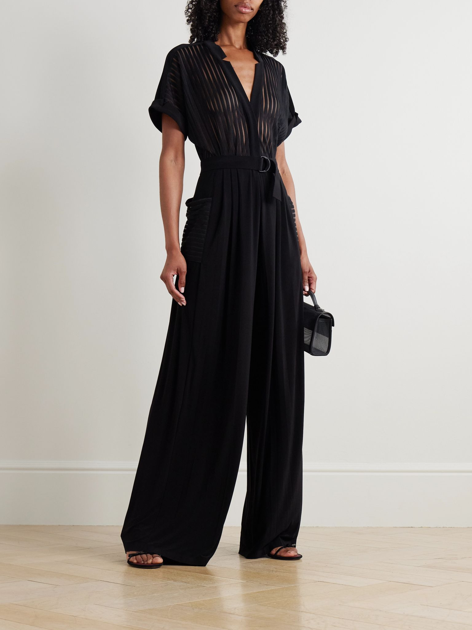 Geralyn belted paneled jersey and mesh jumpsuit Black - 2