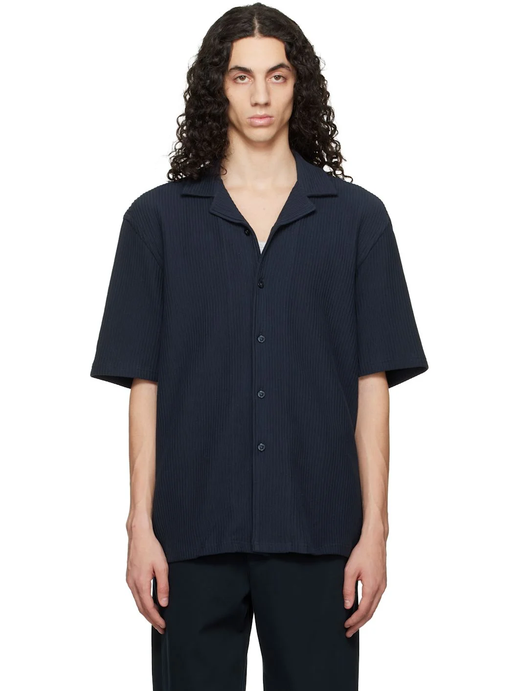 Navy Ribbed Cotton Shirt - 1