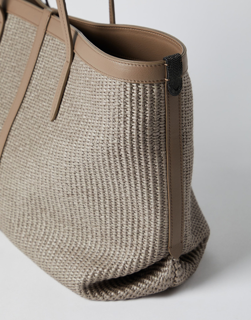 Techno raffia and calfskin shopper bag with monili 3