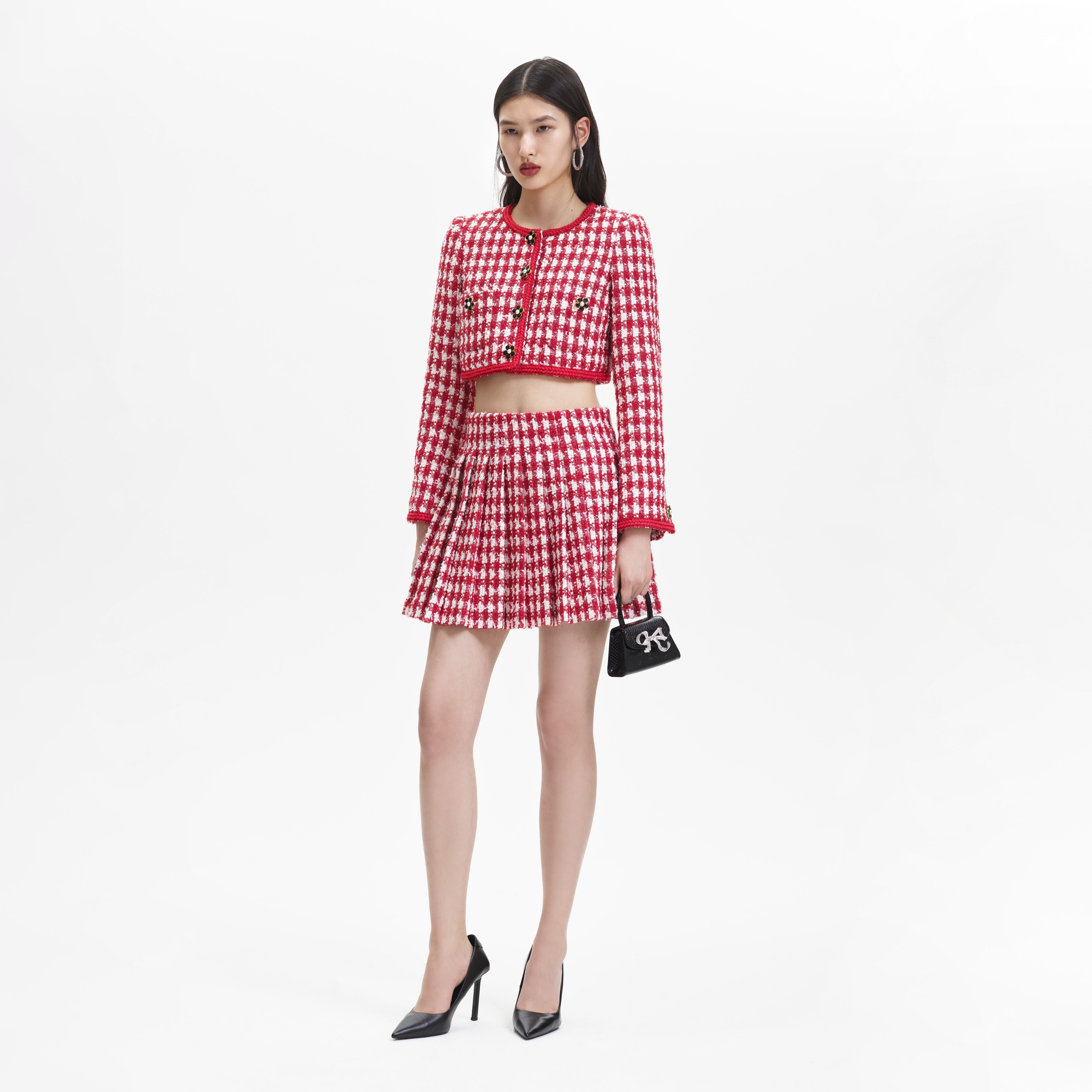 Red Check Boucle Cropped Jacket - 2