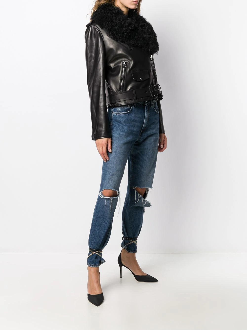 removable shearling collar biker jacket - 3