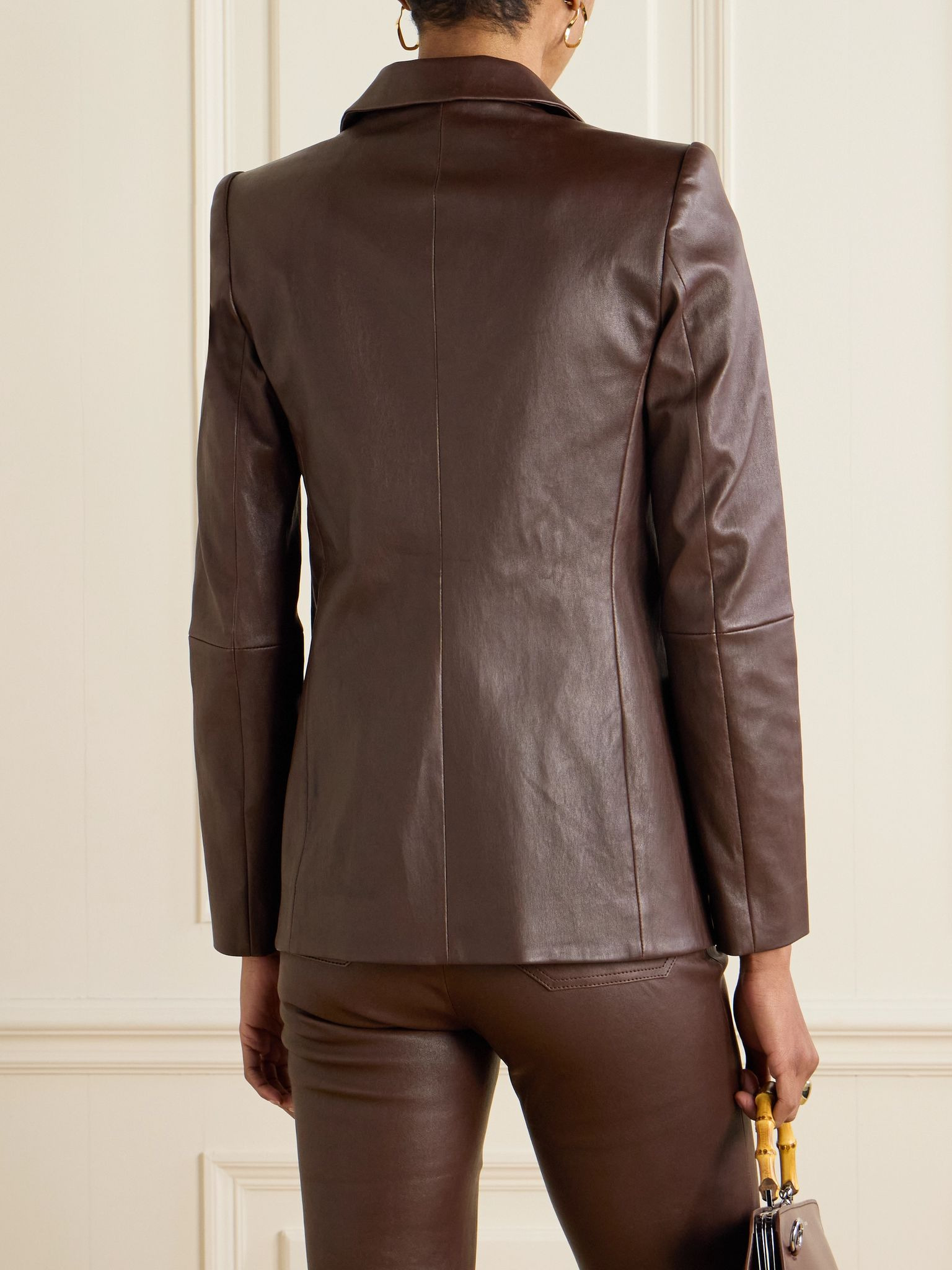 Jones double-breasted leather blazer Brown - 3