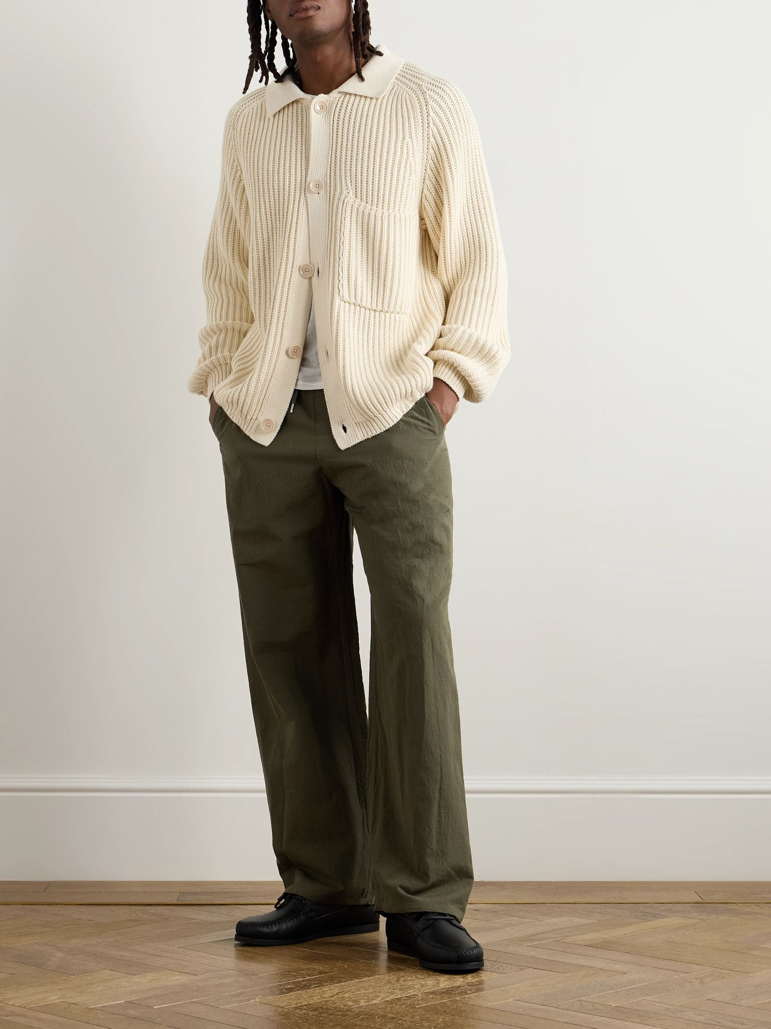 Samurai Wide-Leg Cotton and Linen-Blend Seersucker Drawstring Suit Trousers Green - 2