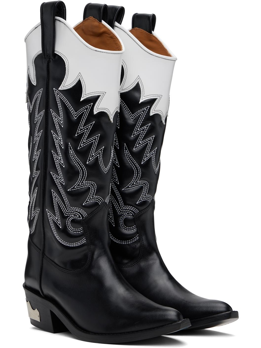 Black & White Hard Leather Tall Boots - 4