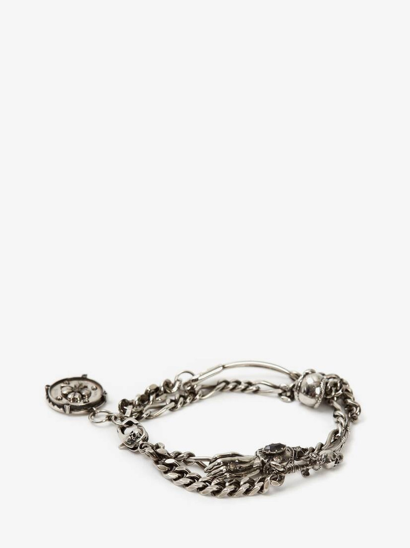 Alexander McQueen Safety Pin And Medallion Chain Bracelet in Antique Silver outlook
