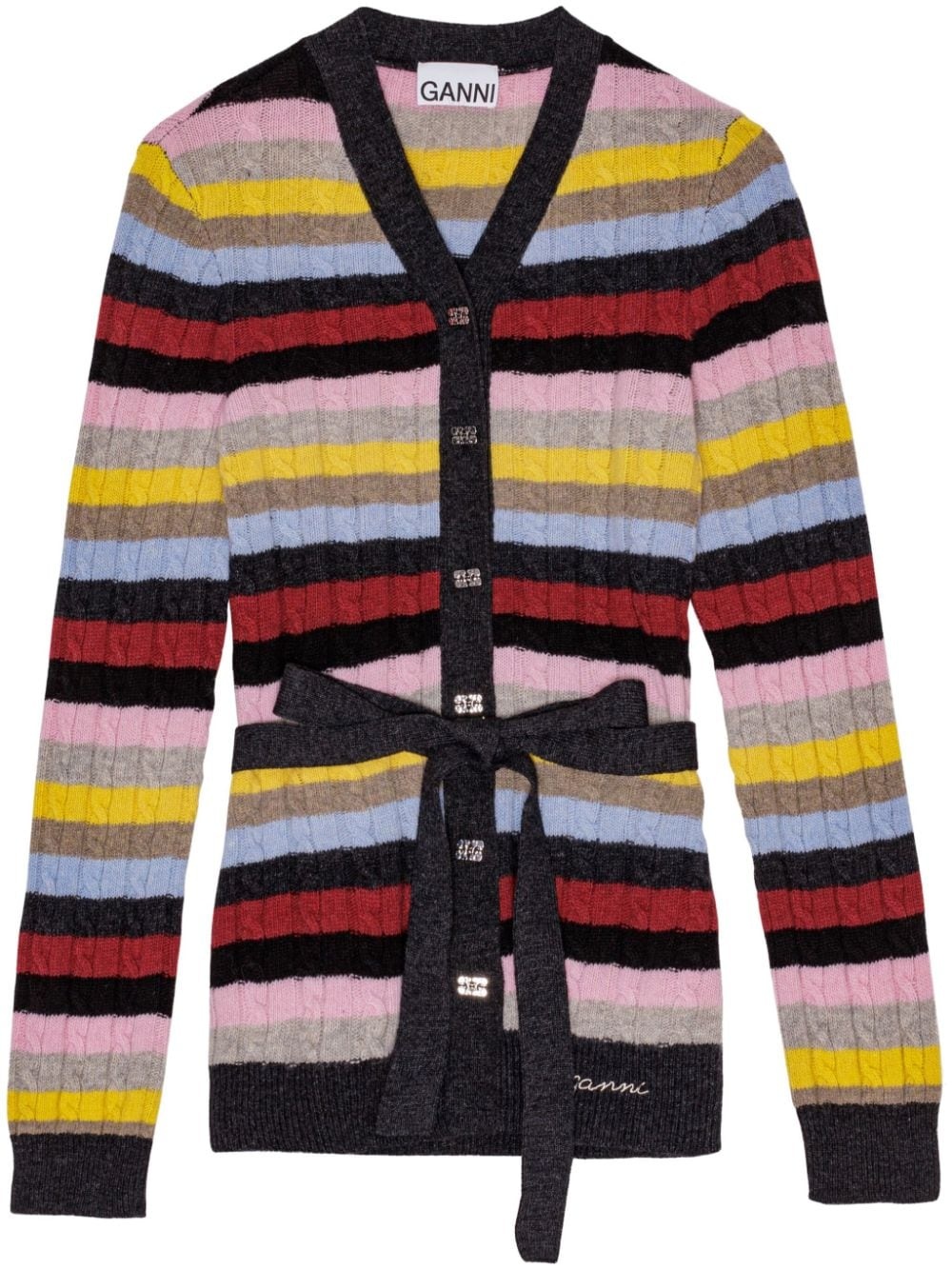 logo-embroidered striped belted cardigan - 1