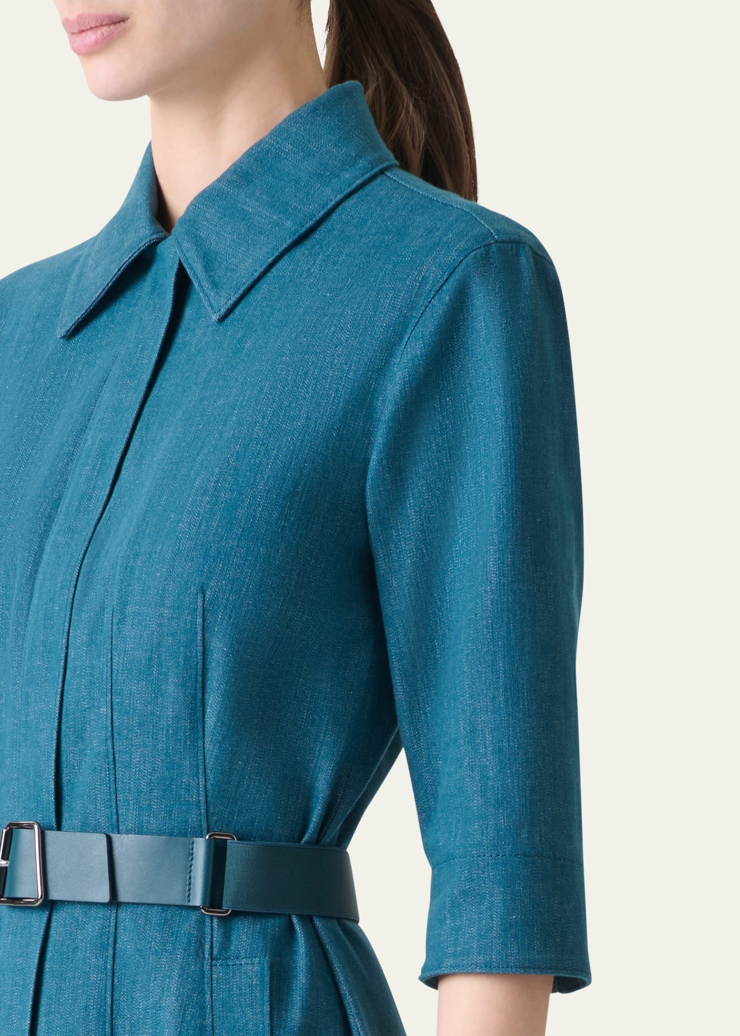 Belted Cotton Denim Stretch Midi Dress - 5