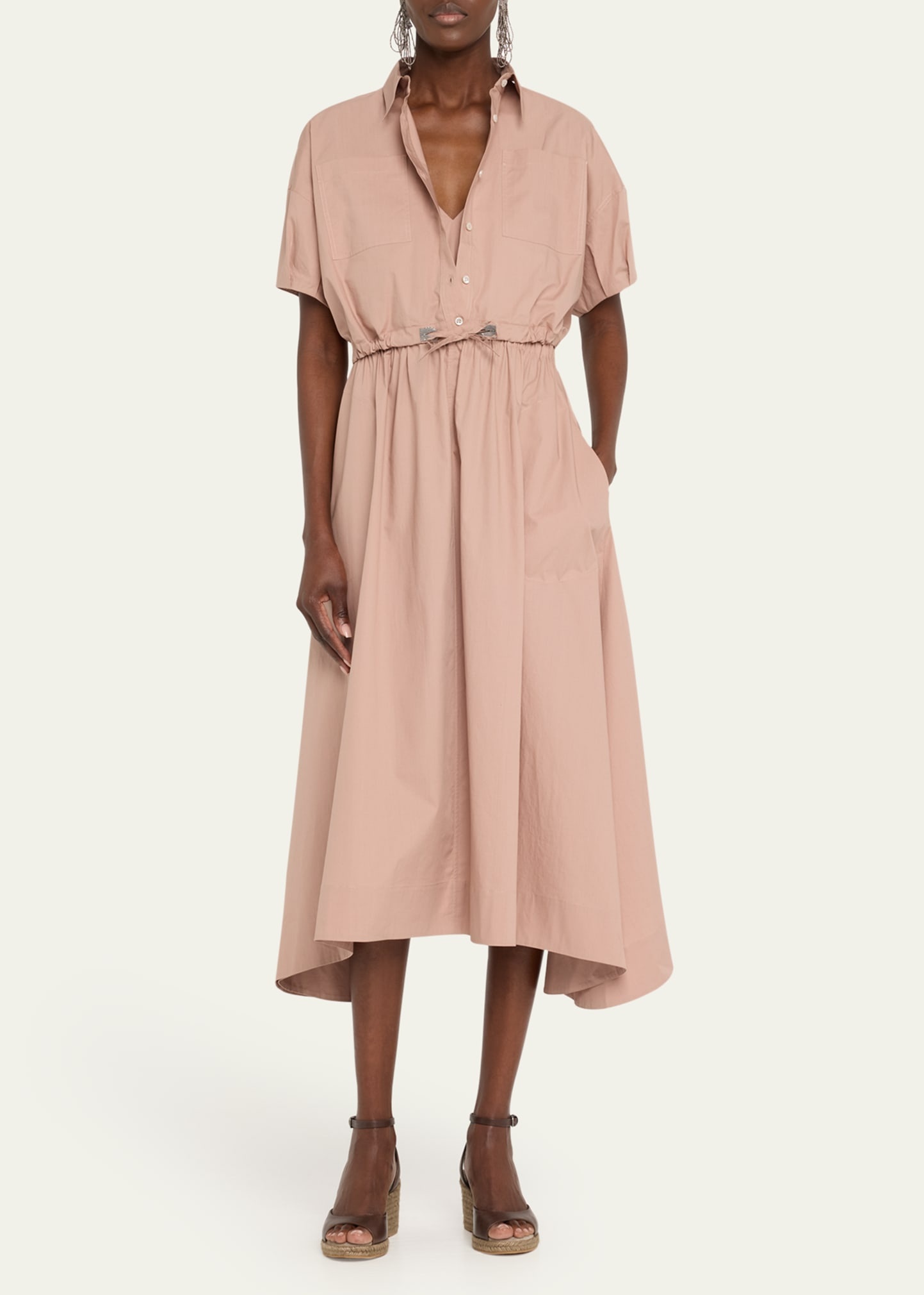 Fit-Flare Drawcord Poplin Asymmetric Midi Shirtdress - 2