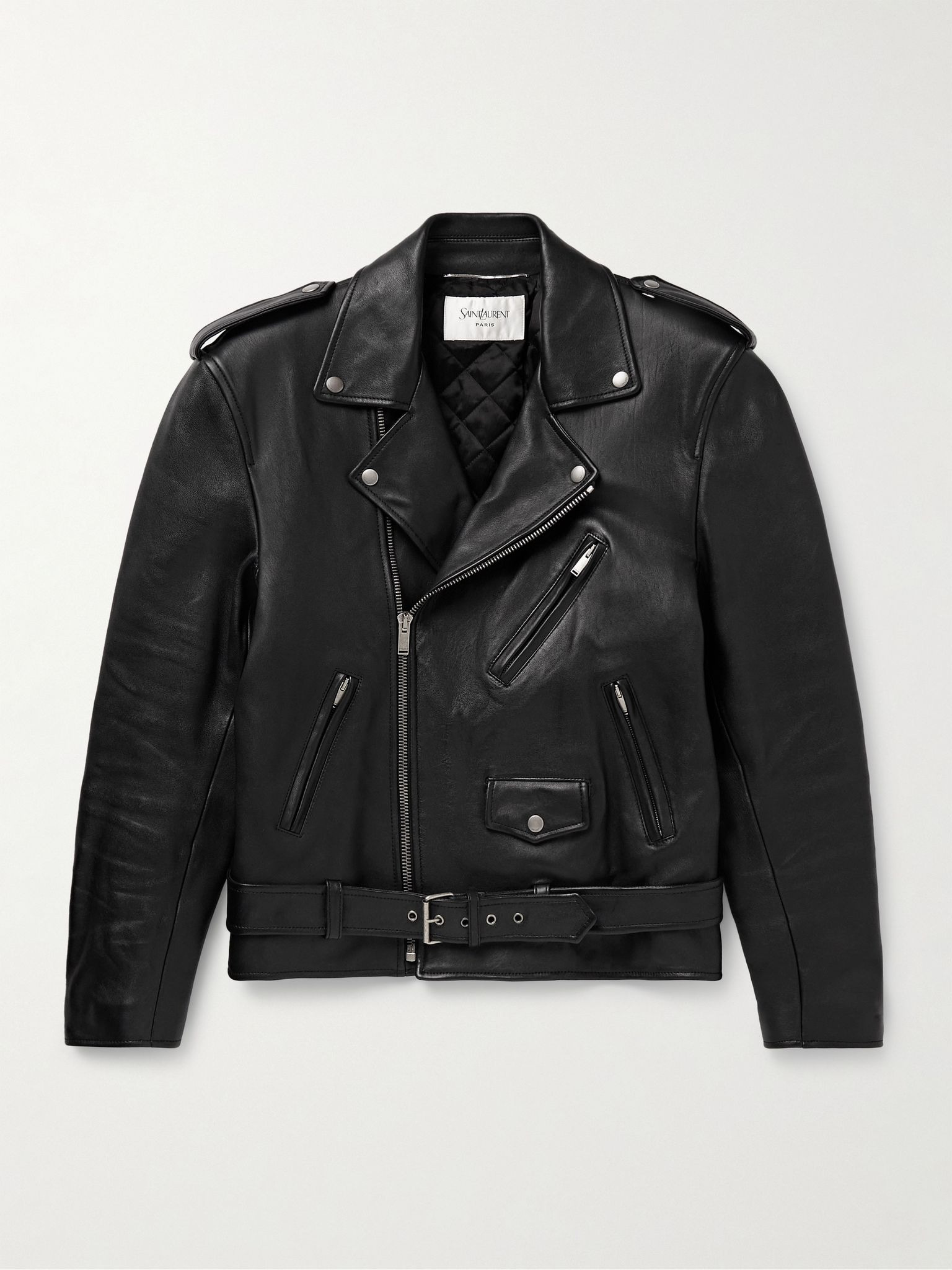 Belted Leather Biker Jacket Black - 1