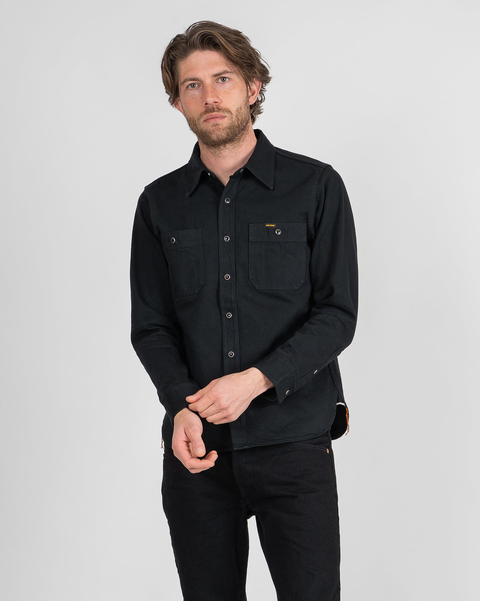 IHSH-338-BLK 12oz Selvedge Denim Work Shirt With Snaps - Black/Black - 2