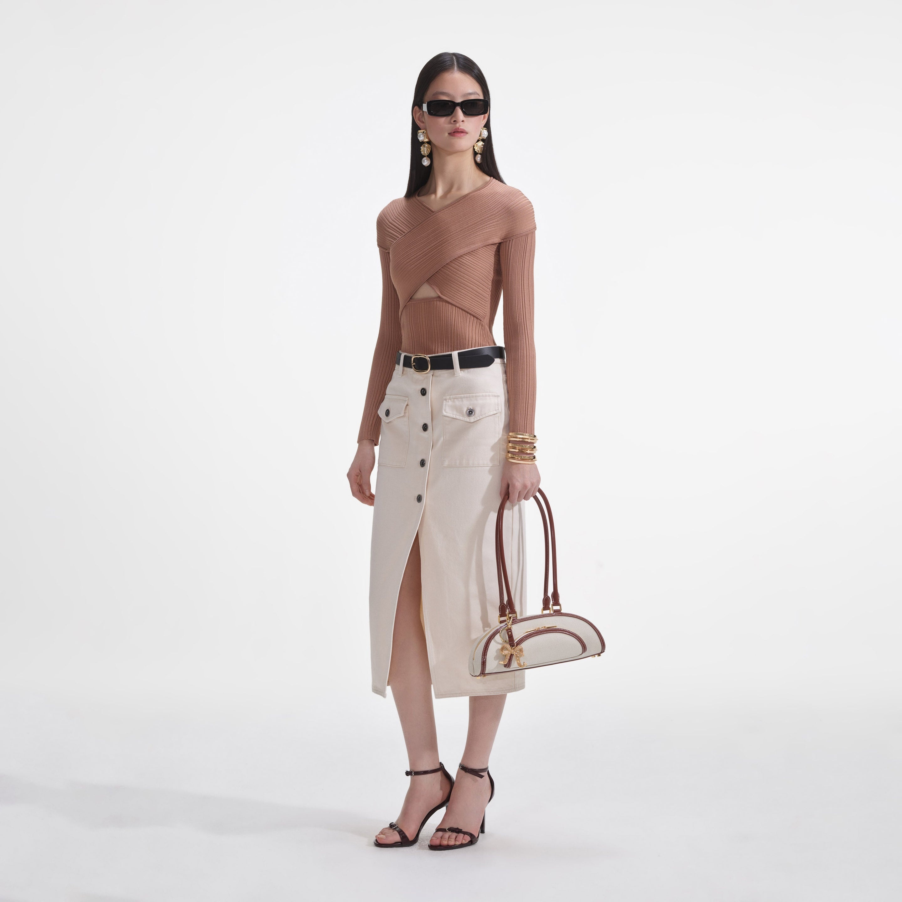 Beige Ribbed Knit Wrap Top - 2
