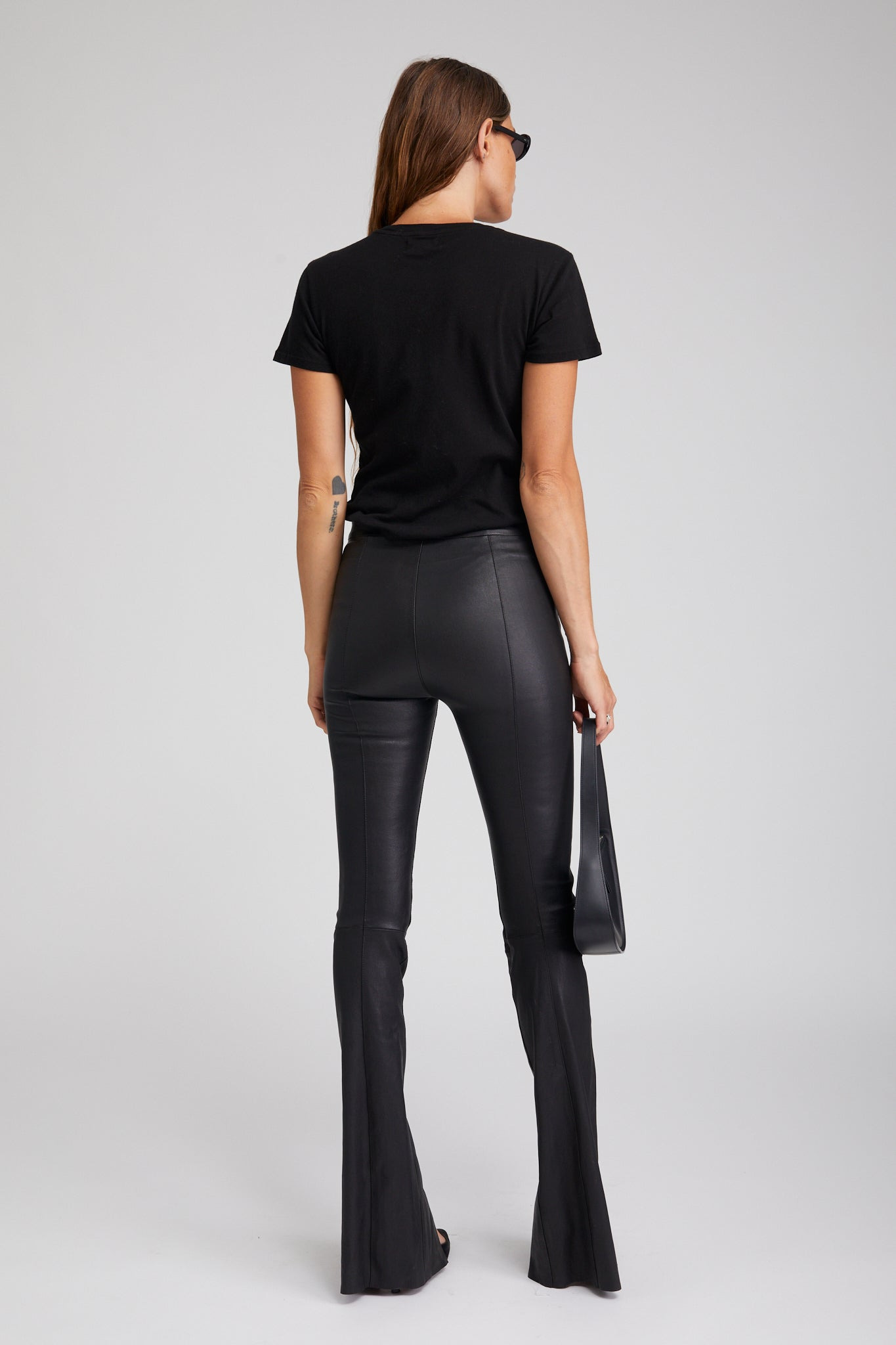 BLACK LEATHER FRONT SLIT MICRO FLARE PANTS - 3