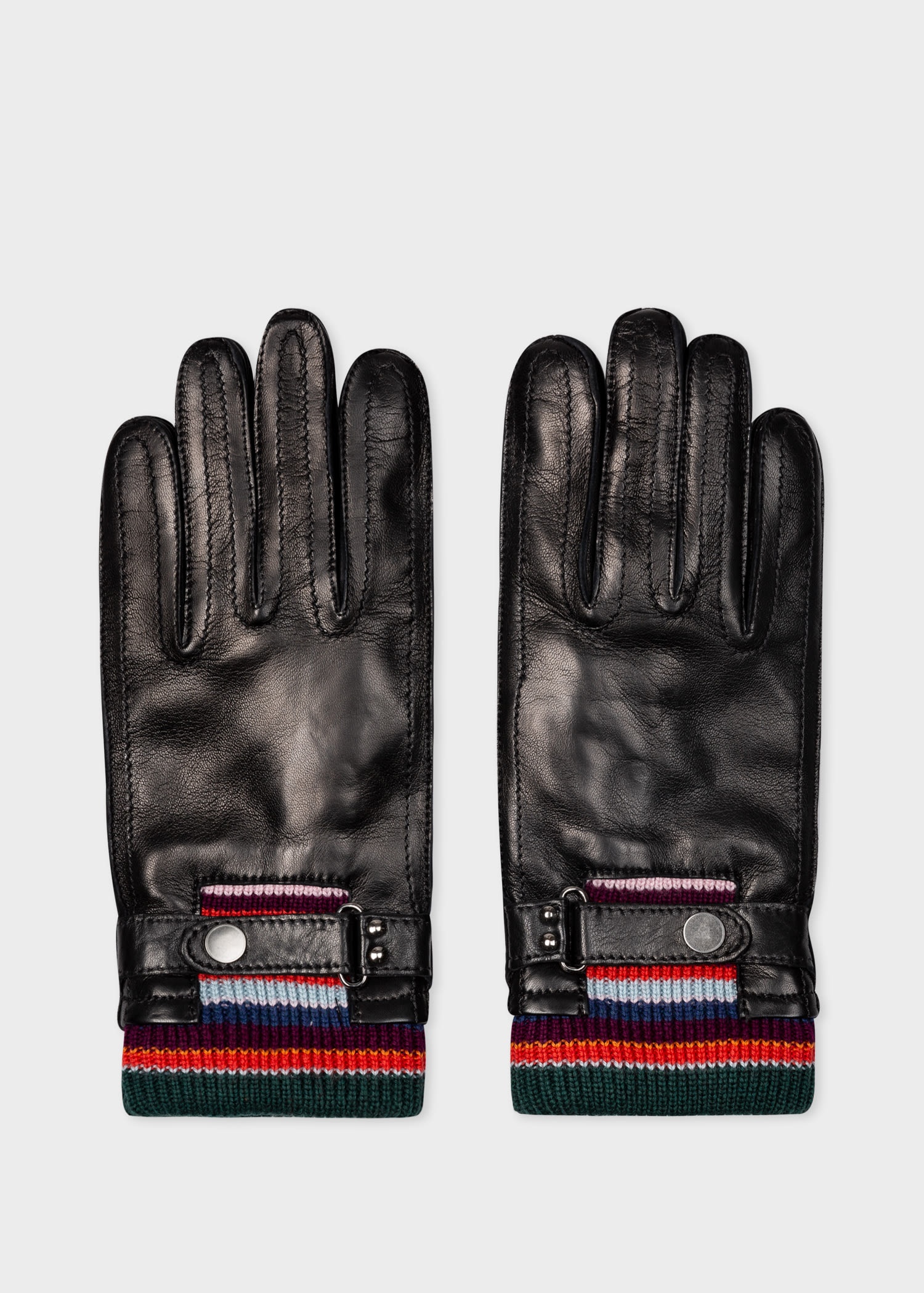 Leather Gloves With Striped Wool Cuffs - 1