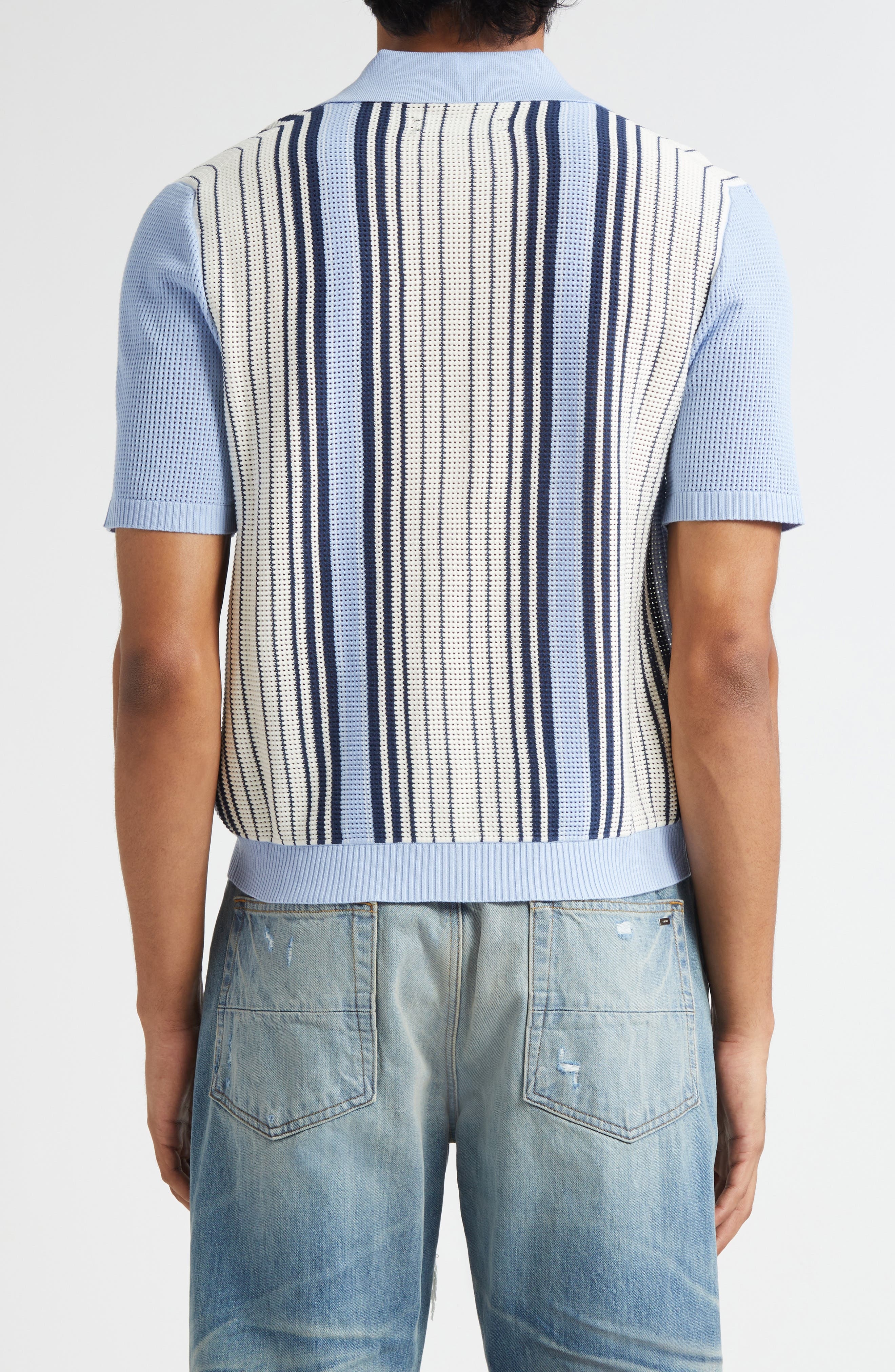 AMIRI Script Logo Embroidered Stripe Short Sleeve Cardigan in Ashley Blue at Nordstrom - 3